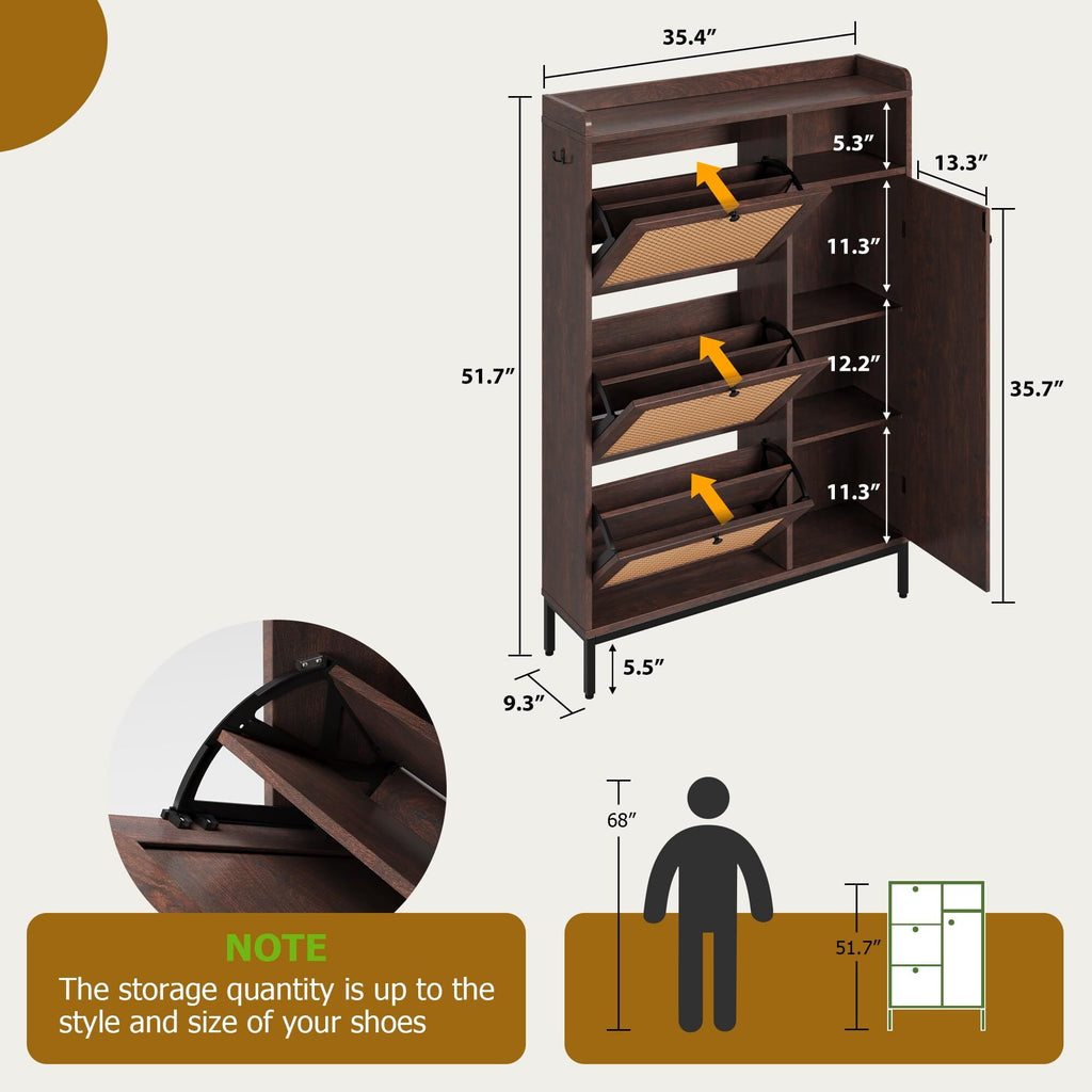 Rattan Shoe Cabinet Storage with 3 Flip Drawers and 4-Tier Cabinets, Freestanding Shoes Rack Organizer for Entryway, Closet, Narrow Shoe Rack Cabinet
