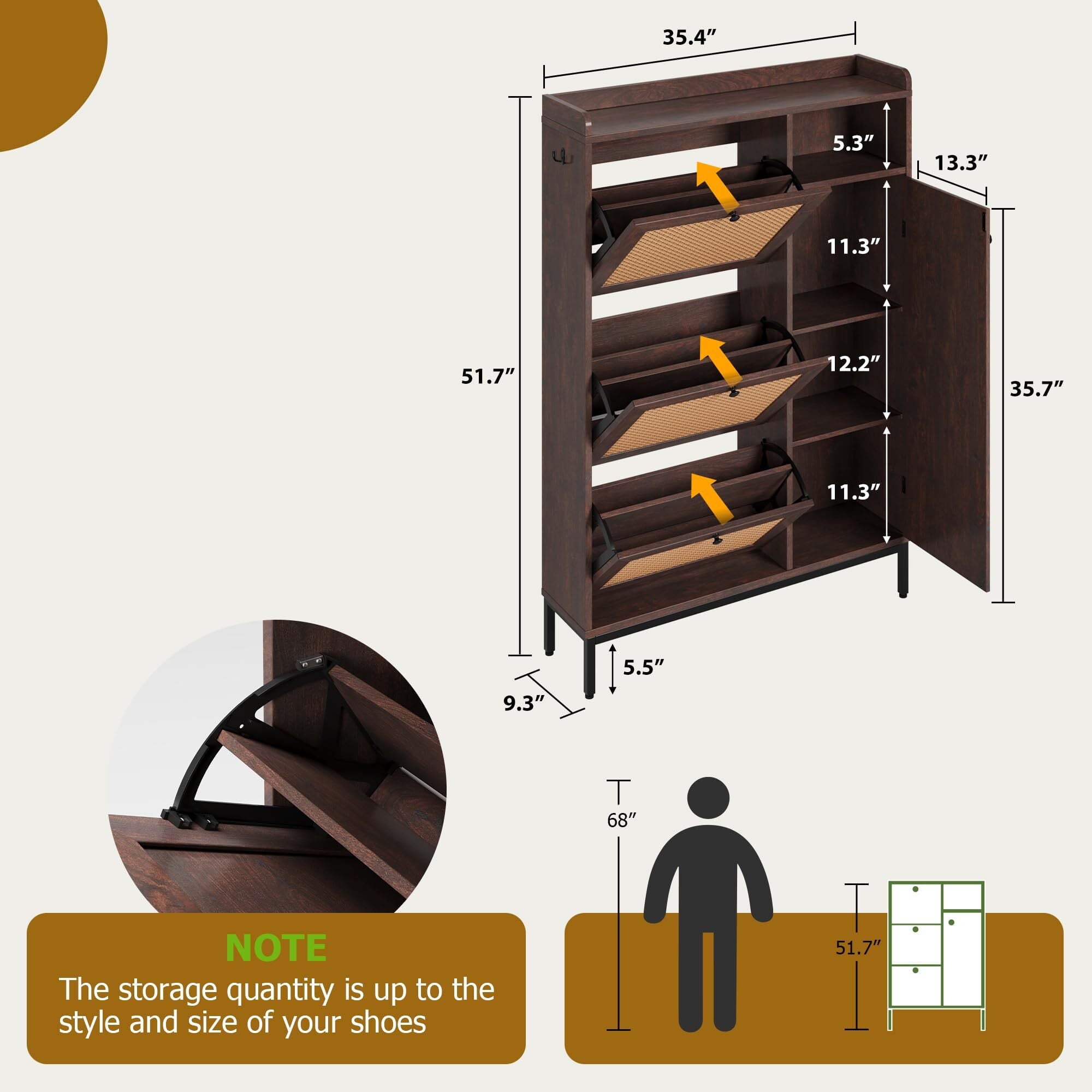 Rattan Shoe Cabinet Storage with 3 Flip Drawers and 4-Tier Cabinets, Freestanding Shoes Rack Organizer for Entryway, Closet, Narrow Shoe Rack Cabinet