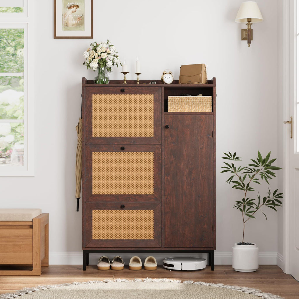 Rattan Shoe Cabinet Storage with 3 Flip Drawers and 4-Tier Cabinets, Freestanding Shoes Rack Organizer for Entryway, Closet, Narrow Shoe Rack Cabinet