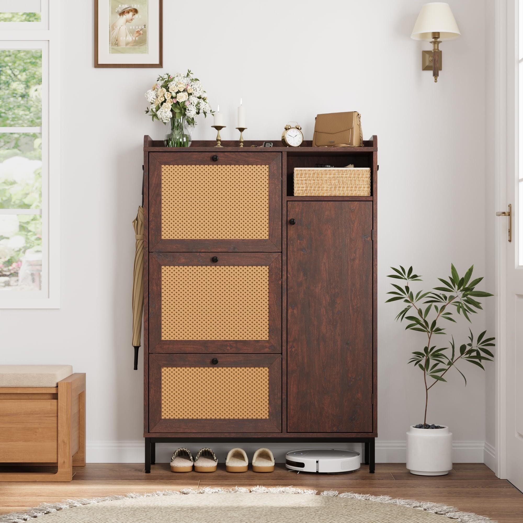 Rattan Shoe Cabinet Storage with 3 Flip Drawers and 4-Tier Cabinets, Freestanding Shoes Rack Organizer for Entryway, Closet, Narrow Shoe Rack Cabinet