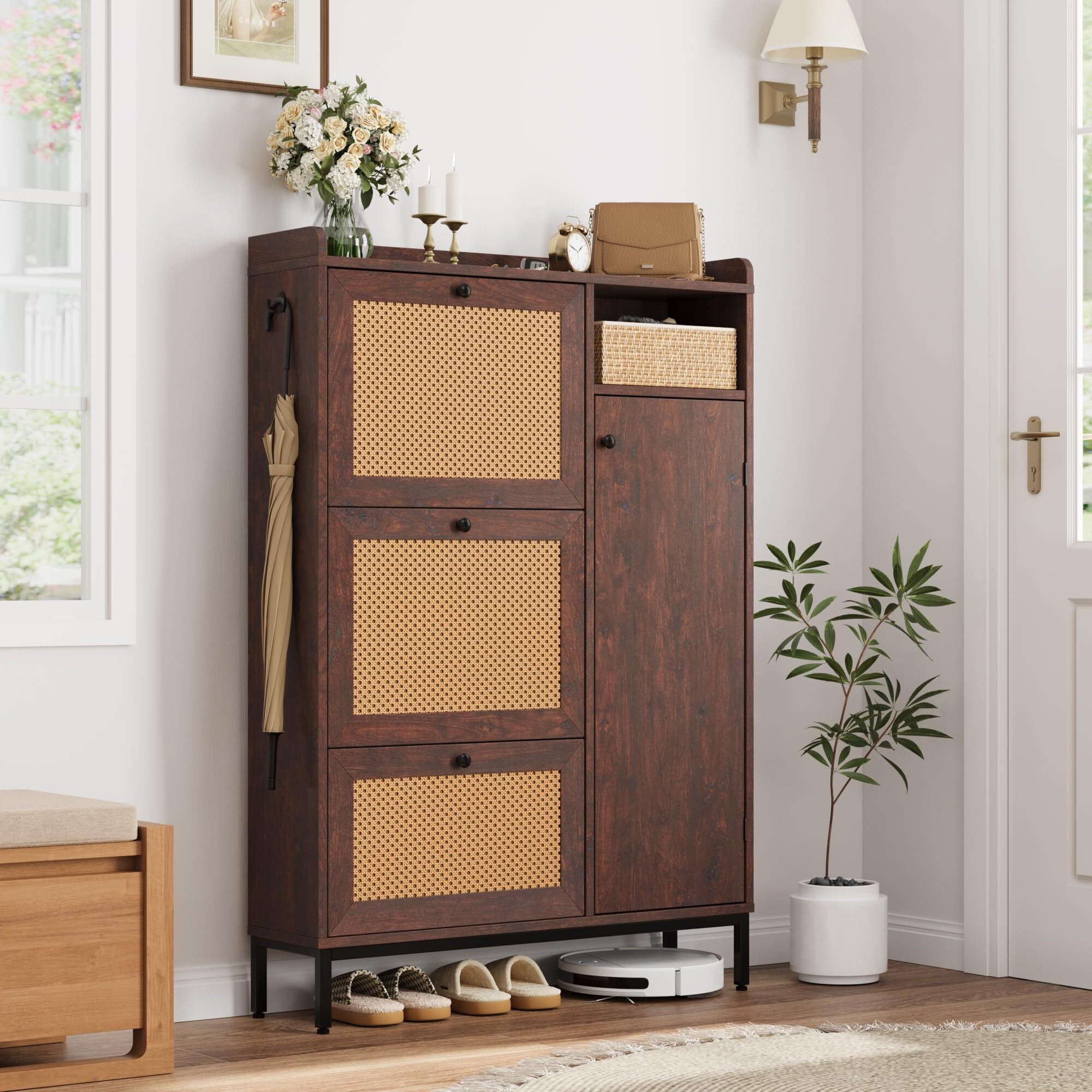 Rattan Shoe Cabinet Storage with 3 Flip Drawers and 4-Tier Cabinets, Freestanding Shoes Rack Organizer for Entryway, Closet, Narrow Shoe Rack Cabinet