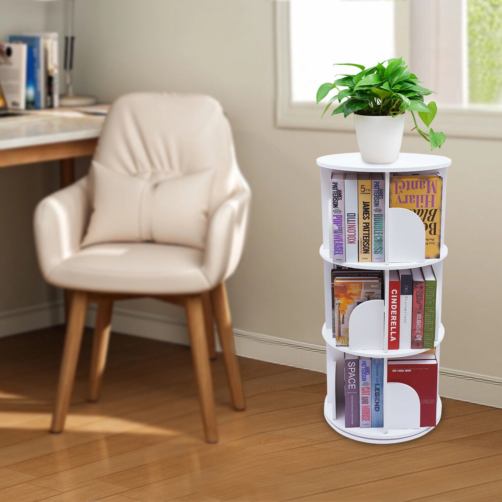 White 3 Tiers 360° Rotating Bookshelf Bookcase Display Rack Storing Shelving Shelf