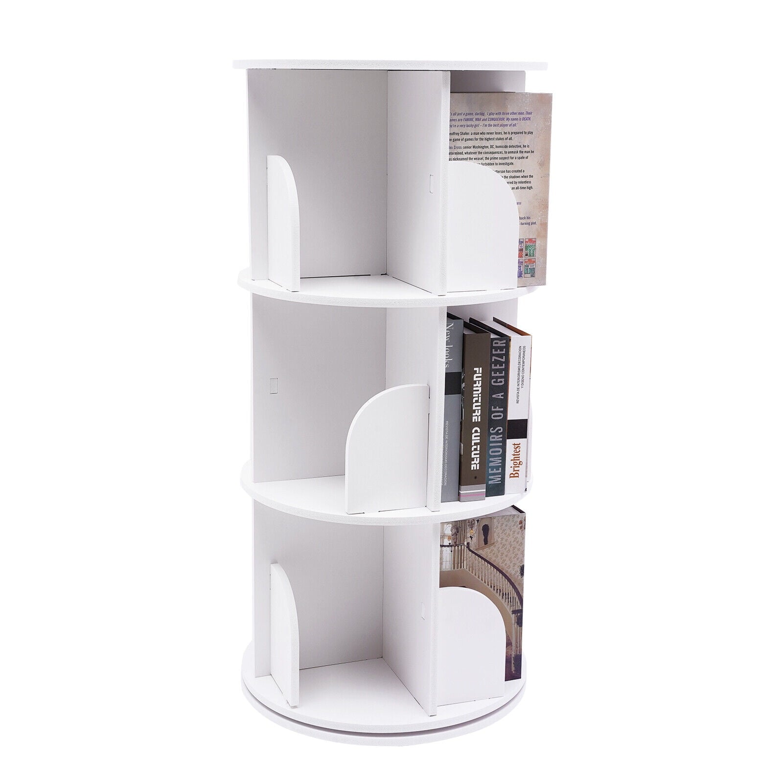 White 3 Tiers 360° Rotating Bookshelf Bookcase Display Rack Storing Shelving Shelf