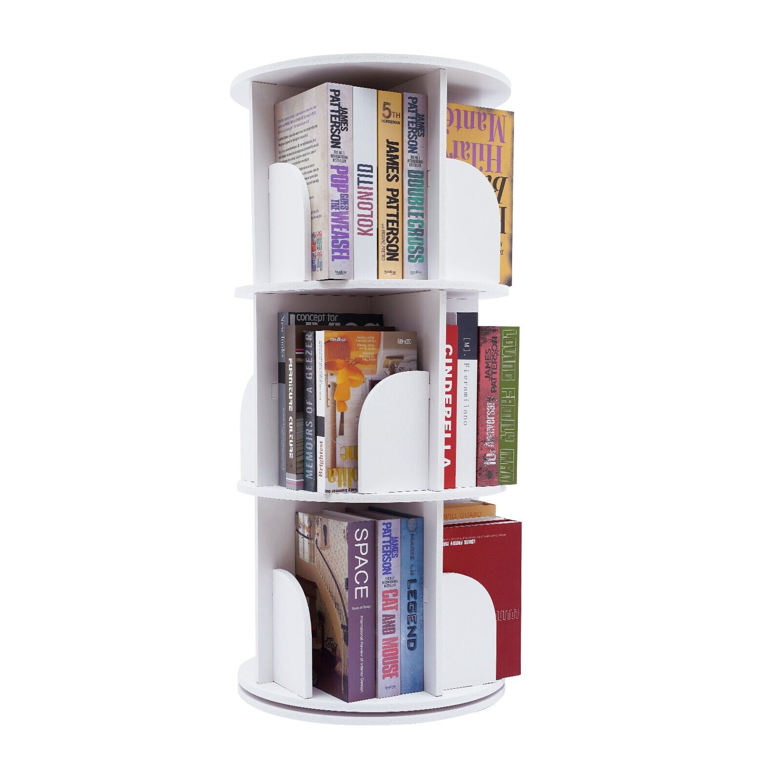 White 3 Tiers 360° Rotating Bookshelf Bookcase Display Rack Storing Shelving Shelf