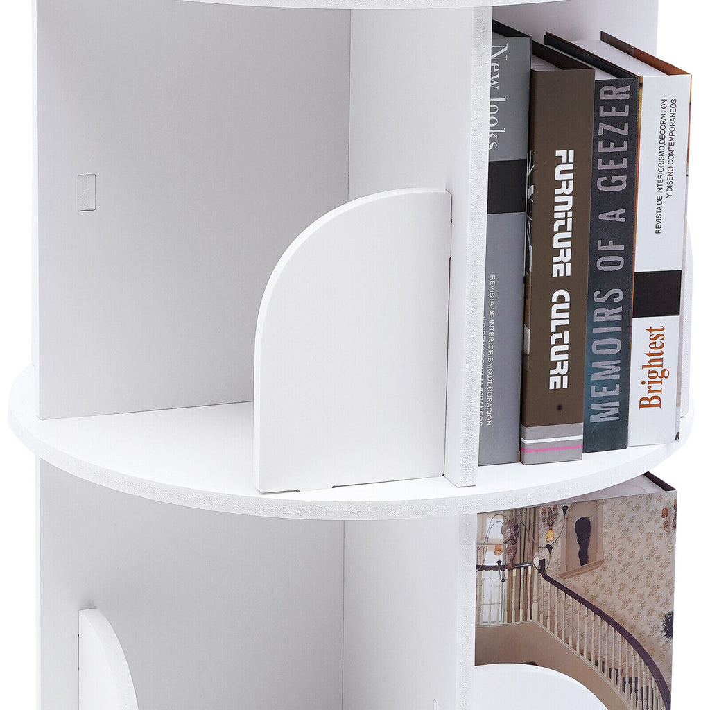 White 3 Tiers 360° Rotating Bookshelf Bookcase Display Rack Storing Shelving Shelf