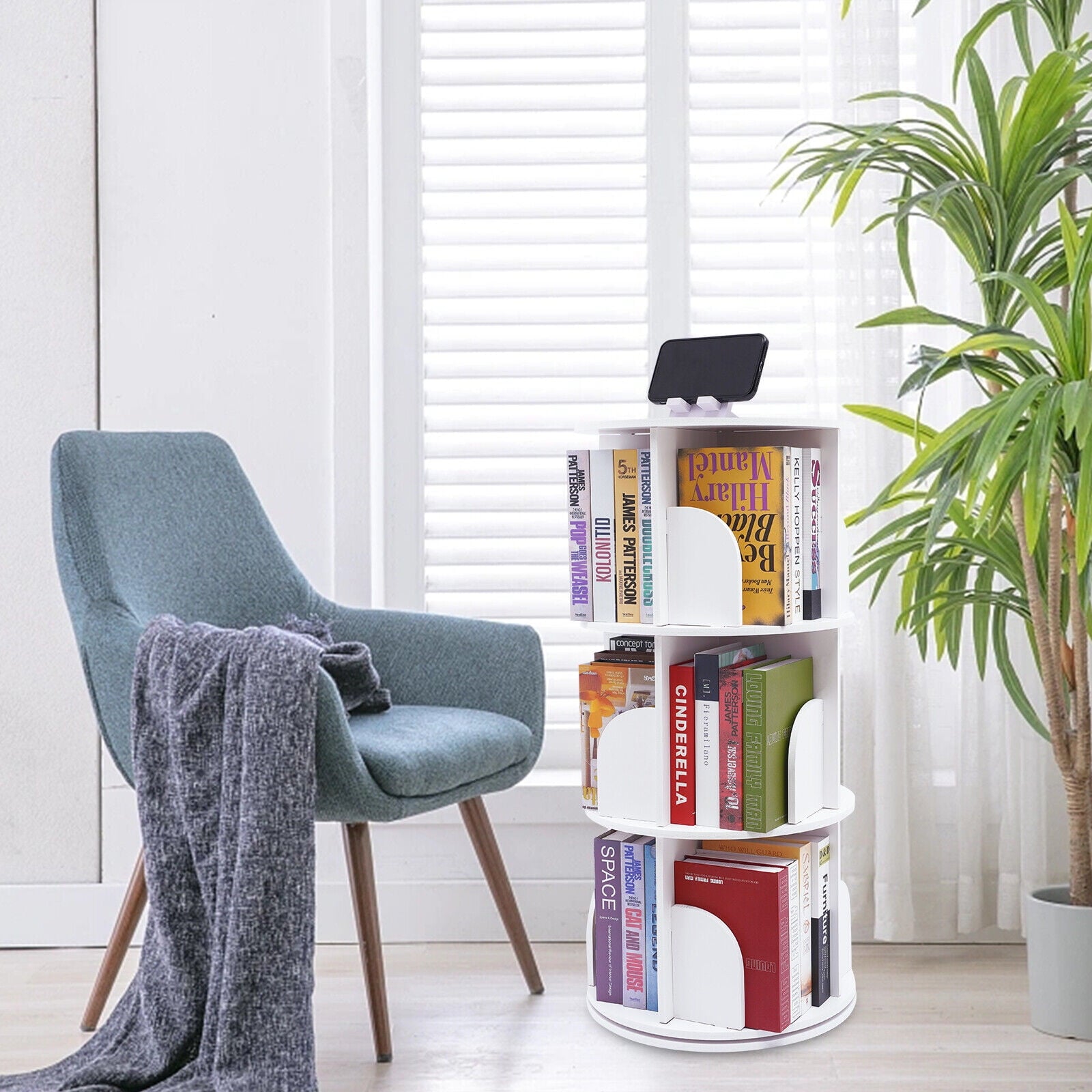 White 3 Tiers 360° Rotating Bookshelf Bookcase Display Rack Storing Shelving Shelf