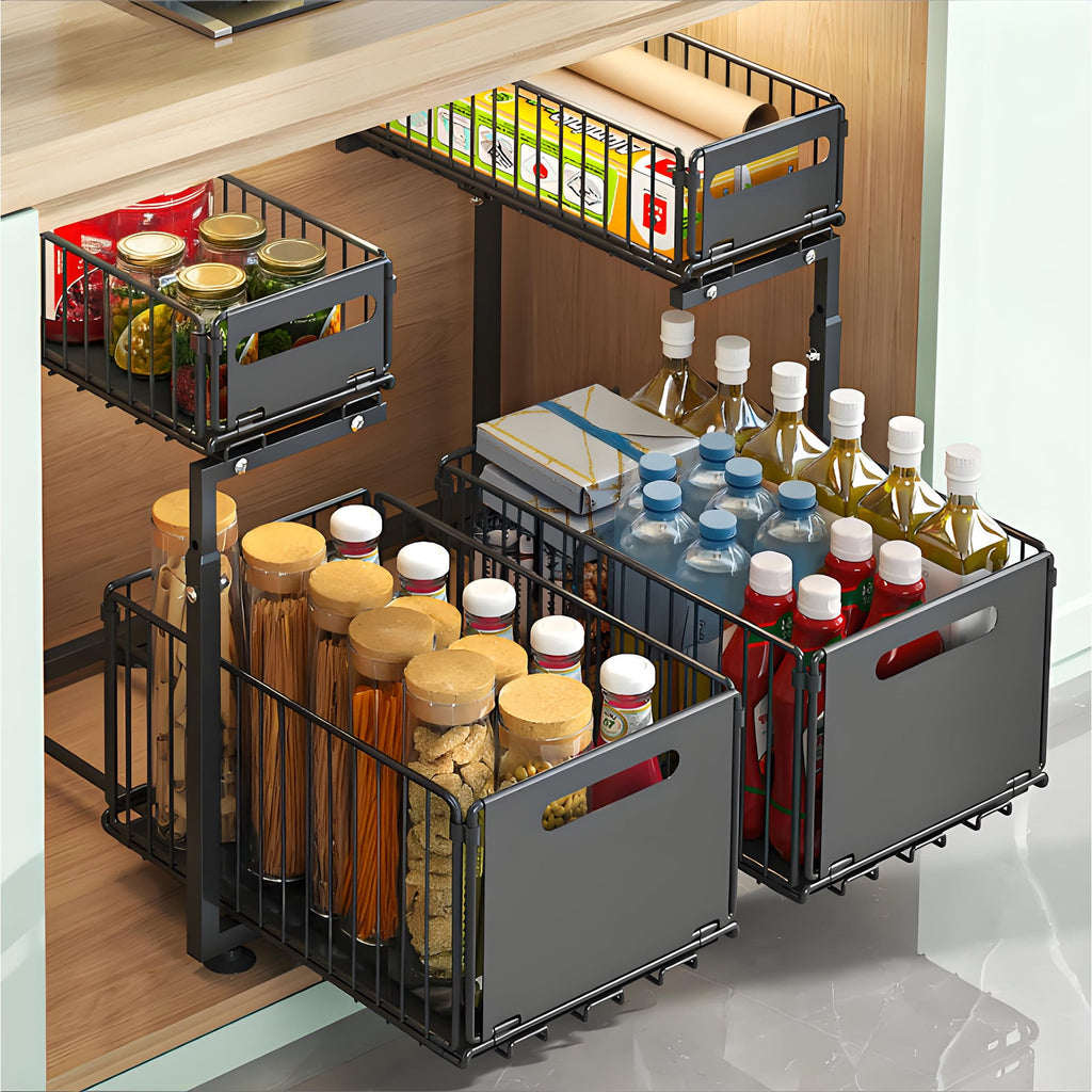 Under Sink Organizer and Storage, 2 Tier Pull Out Cabinet Organizer with Sliding Drawer , Slide Out Sink Shelf for Kitchen and Bathroom