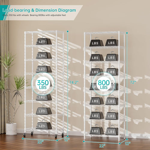 8 Tier Shelf Organizer Storage Metal Shelves Garage Wire Shelving Unit Pantry Rack Adjustable Standing Storage for Kitchen Closet Laundry Bathroom Pantry 12" D x 22" W x 74" H White