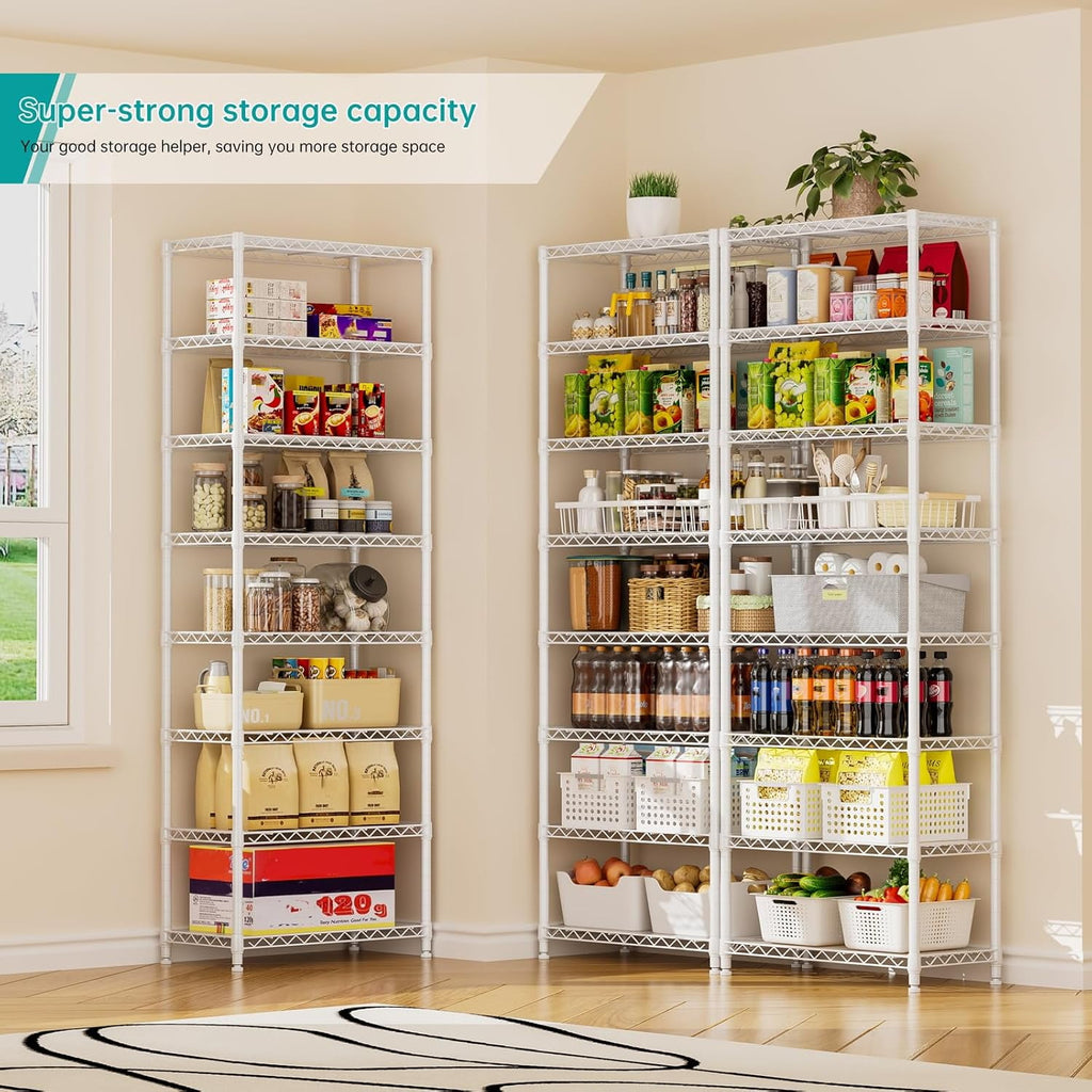 8 Tier Shelf Organizer Storage Metal Shelves Garage Wire Shelving Unit Pantry Rack Adjustable Standing Storage for Kitchen Closet Laundry Bathroom Pantry 12" D x 22" W x 74" H White