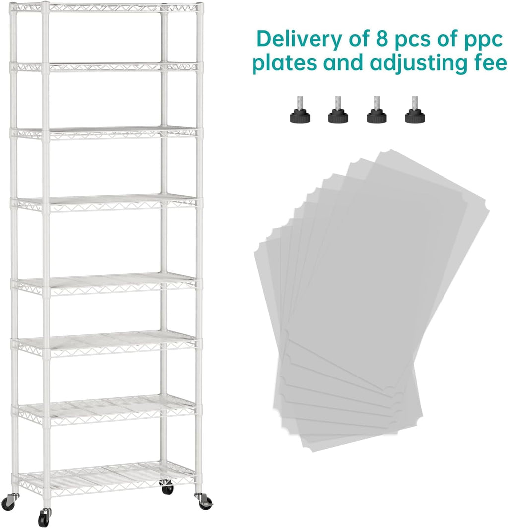 8 Tier Shelf Organizer Storage Metal Shelves Garage Wire Shelving Unit Pantry Rack Adjustable Standing Storage for Kitchen Closet Laundry Bathroom Pantry 12" D x 22" W x 74" H White