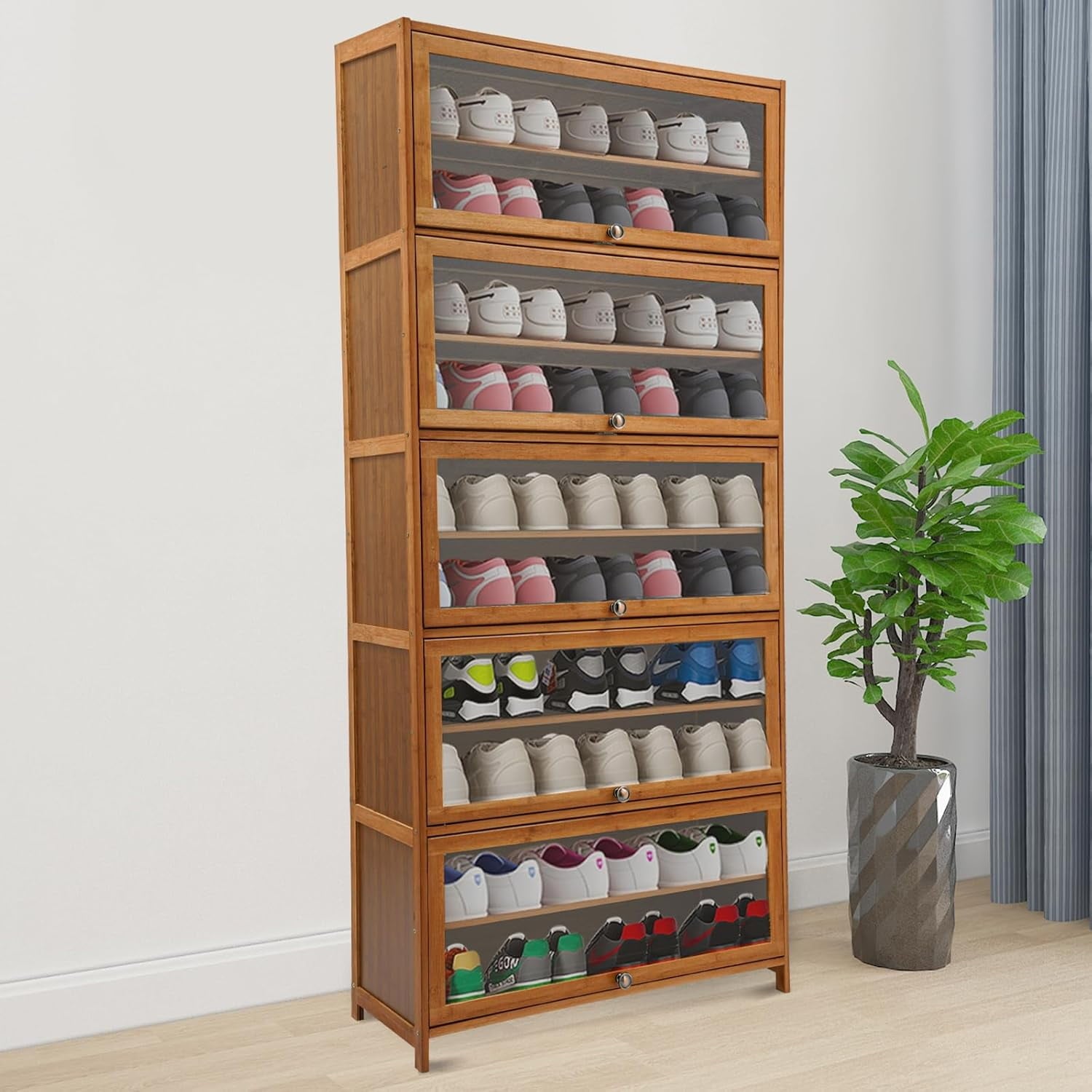 Narrow Shoes Shelf Cabinet - Shoe Storage Cabinet,Free Standing Shoes Shelf Organizer,11-Tier Tall Shoe Shelf,Shoe Rack Organizer,Shoe Cabinet with Doors,for Foyer,Living Room,Corridor