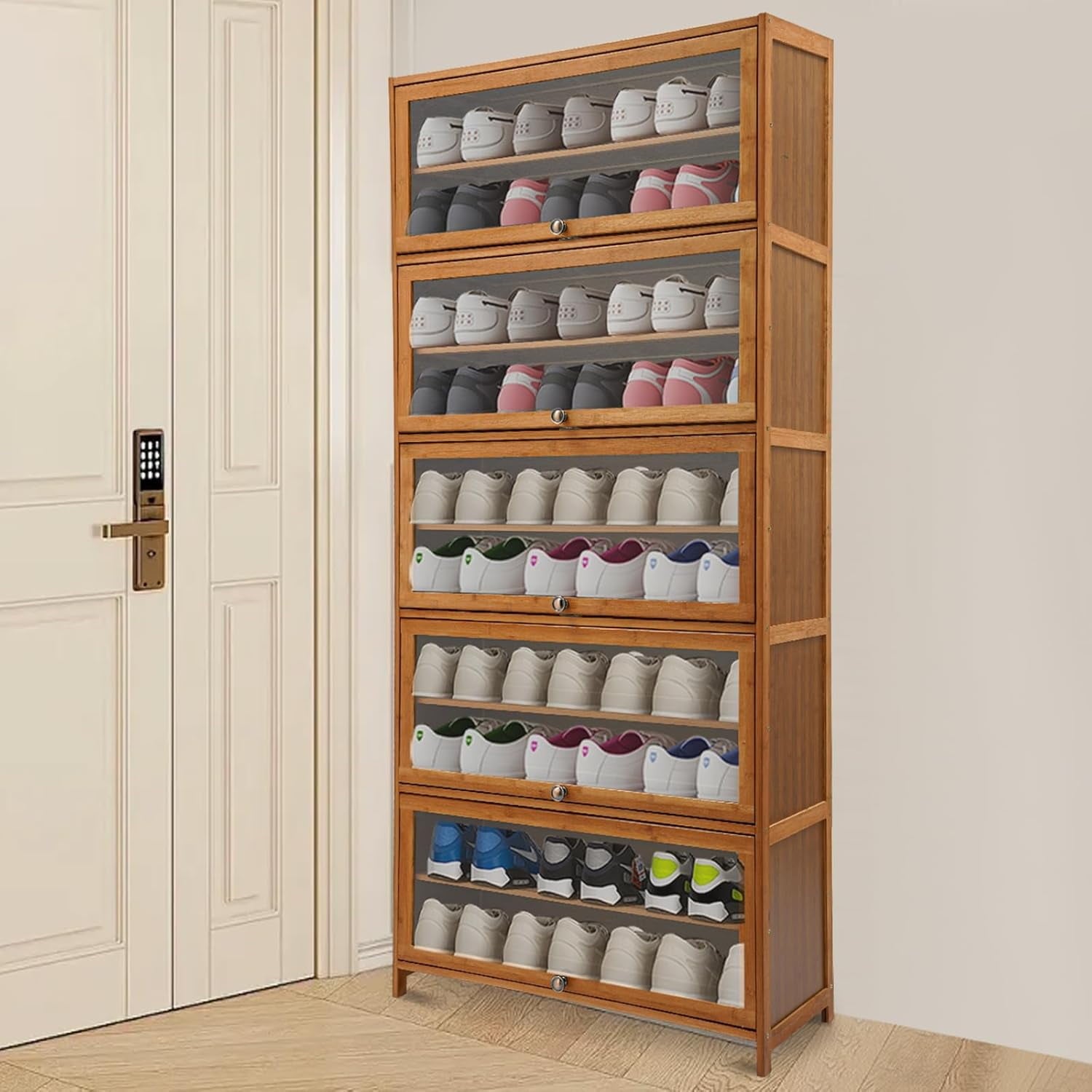 Narrow Shoes Shelf Cabinet - Shoe Storage Cabinet,Free Standing Shoes Shelf Organizer,11-Tier Tall Shoe Shelf,Shoe Rack Organizer,Shoe Cabinet with Doors,for Foyer,Living Room,Corridor
