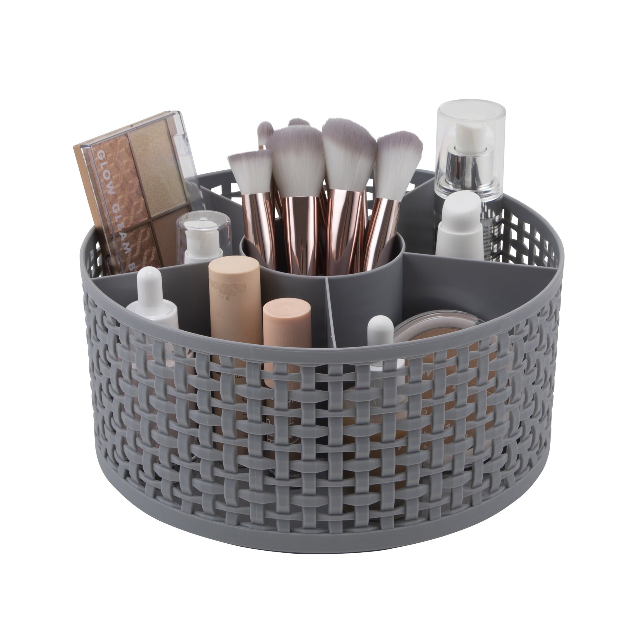 Thinkspace Brand Extra Large Weave Rotating Beaty Organizer, Gray.  6 Large Compartments to keep all of your Makeup and Cosmetics Organized.