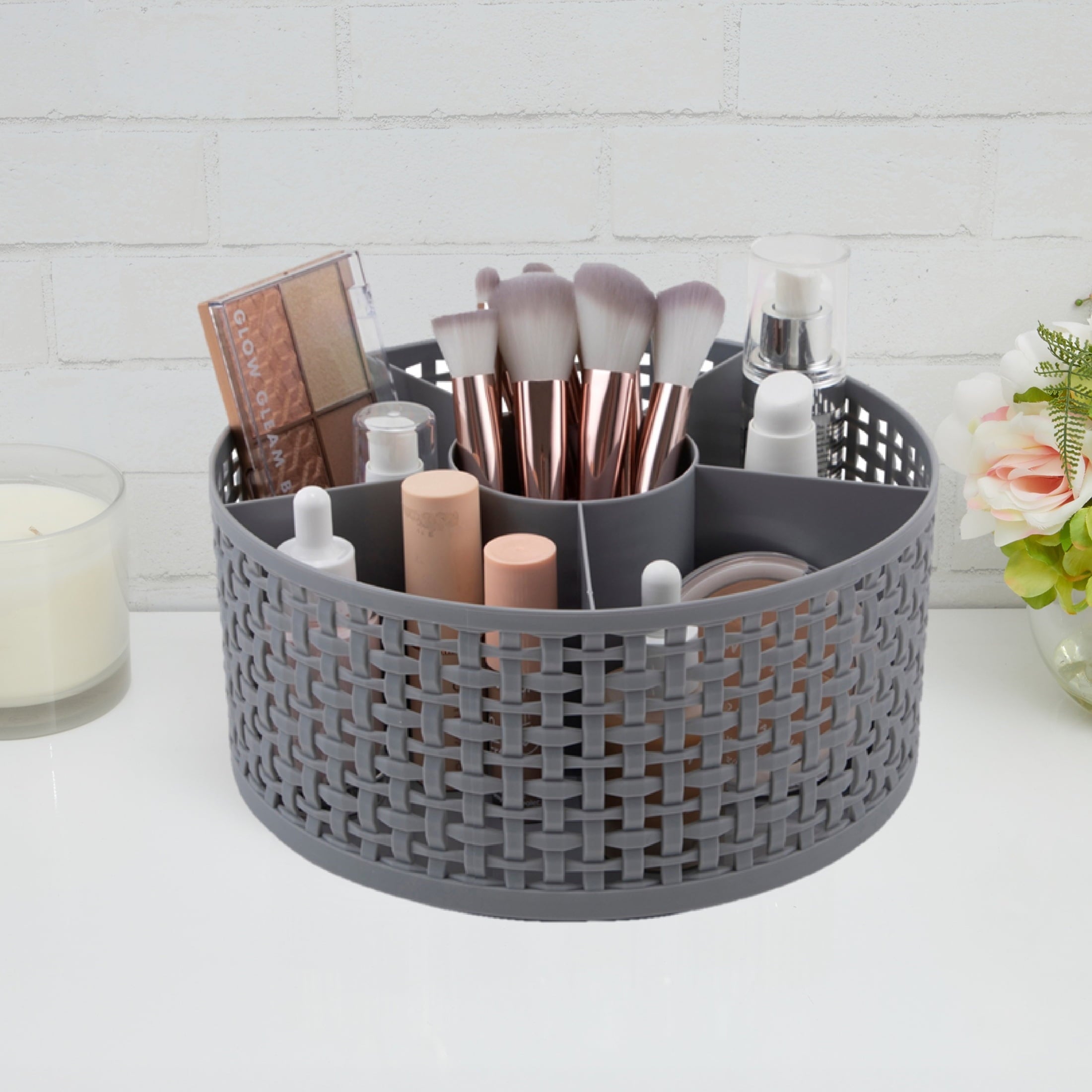 Thinkspace Brand Extra Large Weave Rotating Beaty Organizer, Gray.  6 Large Compartments to keep all of your Makeup and Cosmetics Organized.