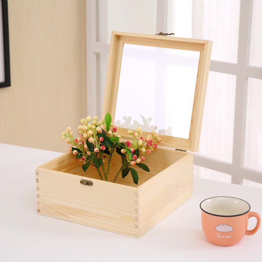 Wooden Gift Box Immortalized Flower Storage Box Box Storage Organizer with Acrylic Lid(12x12x10cm)