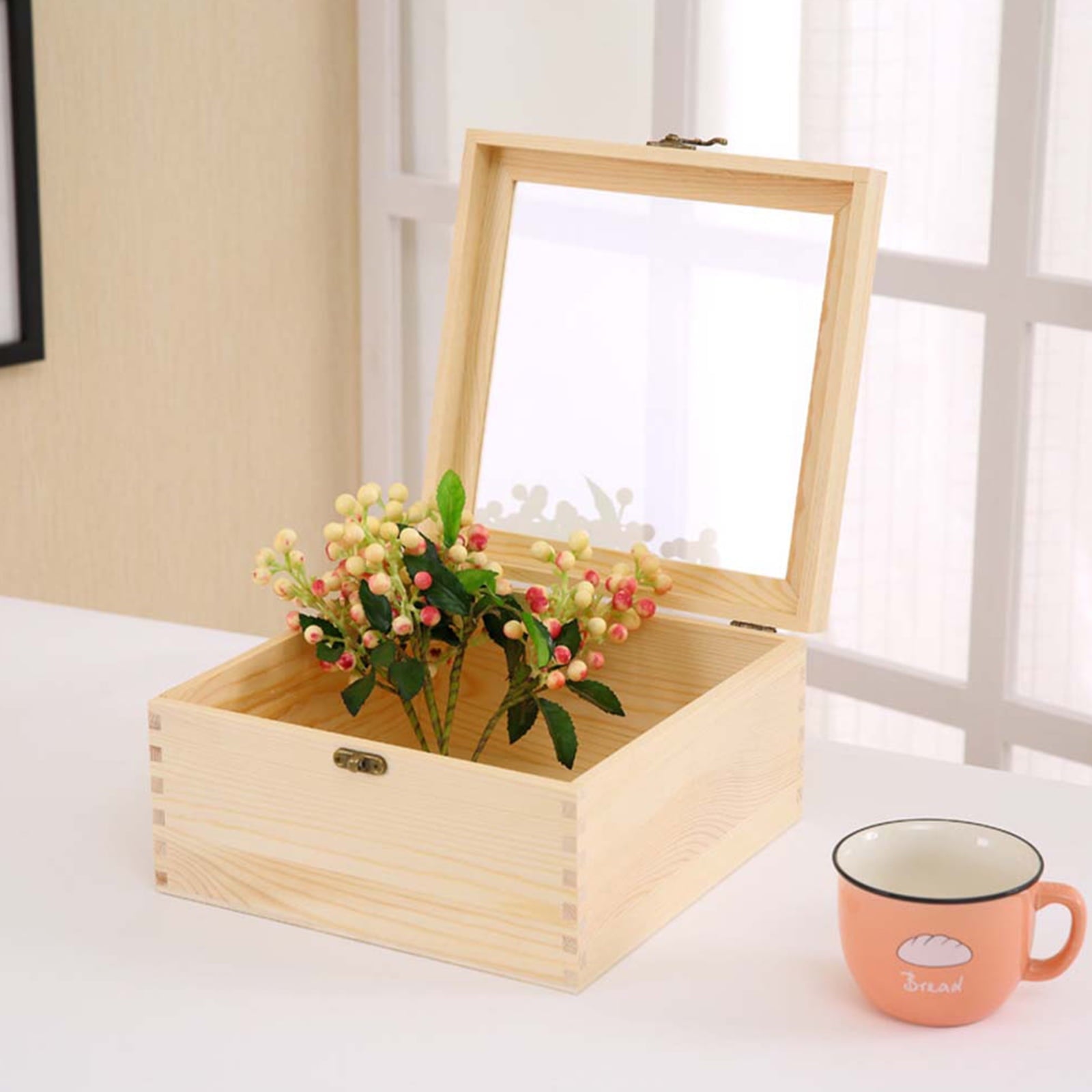 Wooden Gift Box Immortalized Flower Storage Box Box Storage Organizer with Acrylic Lid(12x12x10cm)