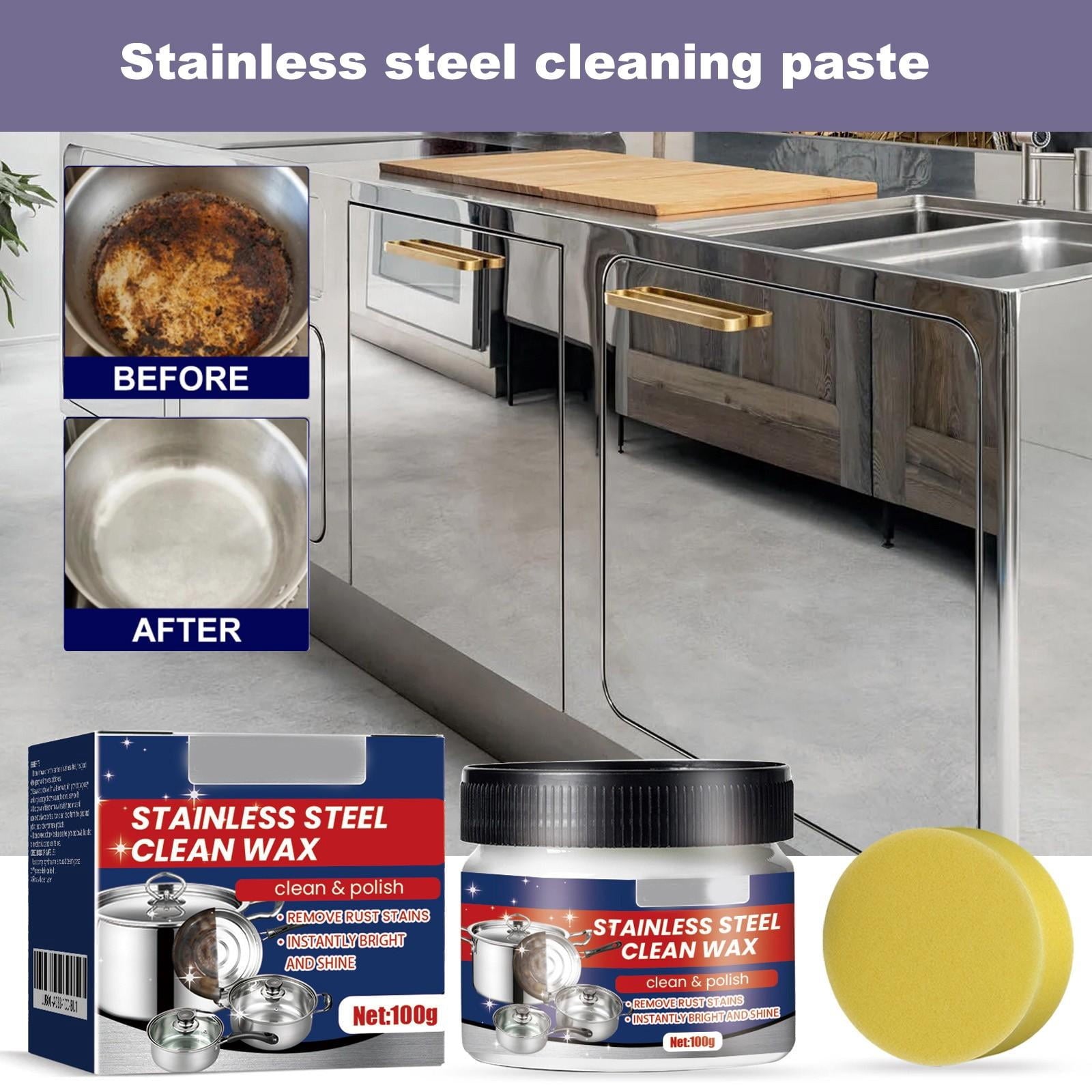 Stainless Steel Kitchen Cleaning Paste with Cleaning Sponge, Rust Remover for Metal and Wax and Grease Remover, for Stainless Steel Kitchen, Stainless Steel Cookware, Stainless
