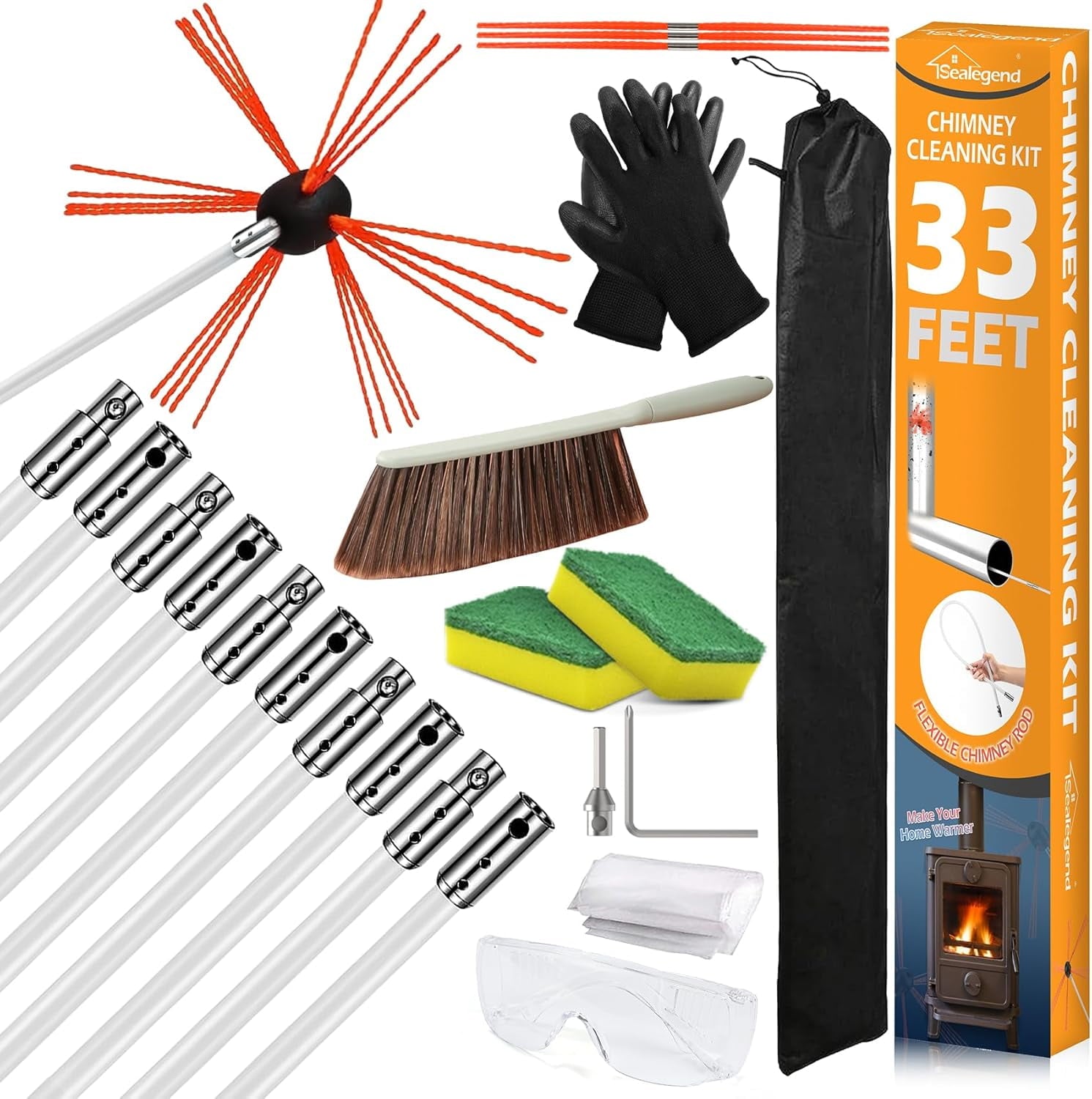33 Feet Chimney Cleaning Kit Chimney Brush, Chimney Sweep Kit and Chimney Cleaning Logs Fireplace Tools Set with 10 Flexible Rods，Fireplace Tools