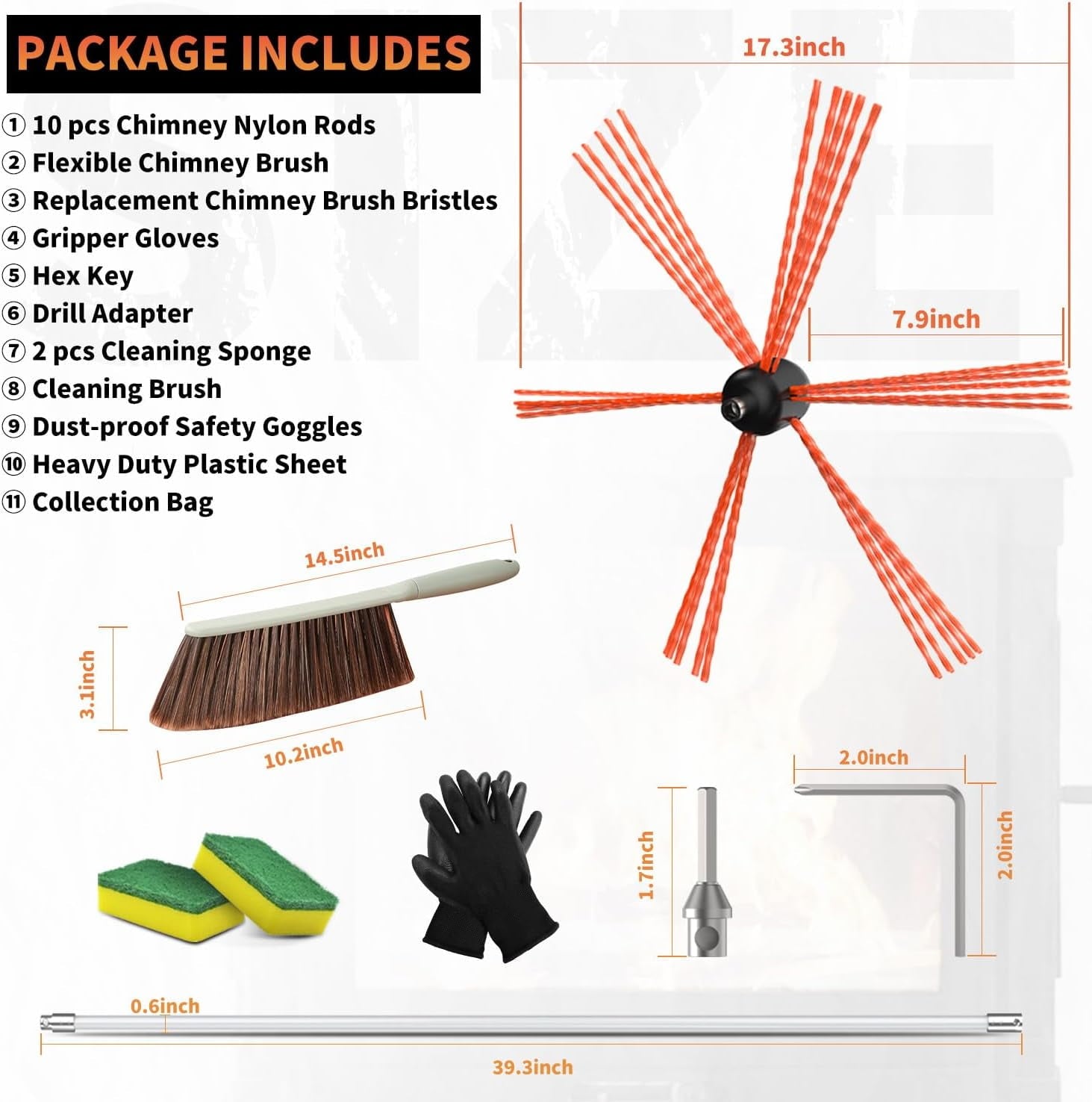 33 Feet Chimney Cleaning Kit Chimney Brush, Chimney Sweep Kit and Chimney Cleaning Logs Fireplace Tools Set with 10 Flexible Rods，Fireplace Tools
