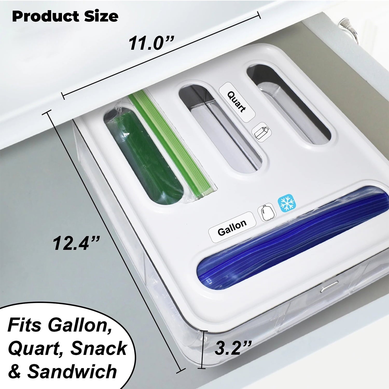 Ziploc Bag Organizer for Kitchen Drawer, with Label and Hook,Sandwich Baggie Holder Storage, Food Bags Dispenser