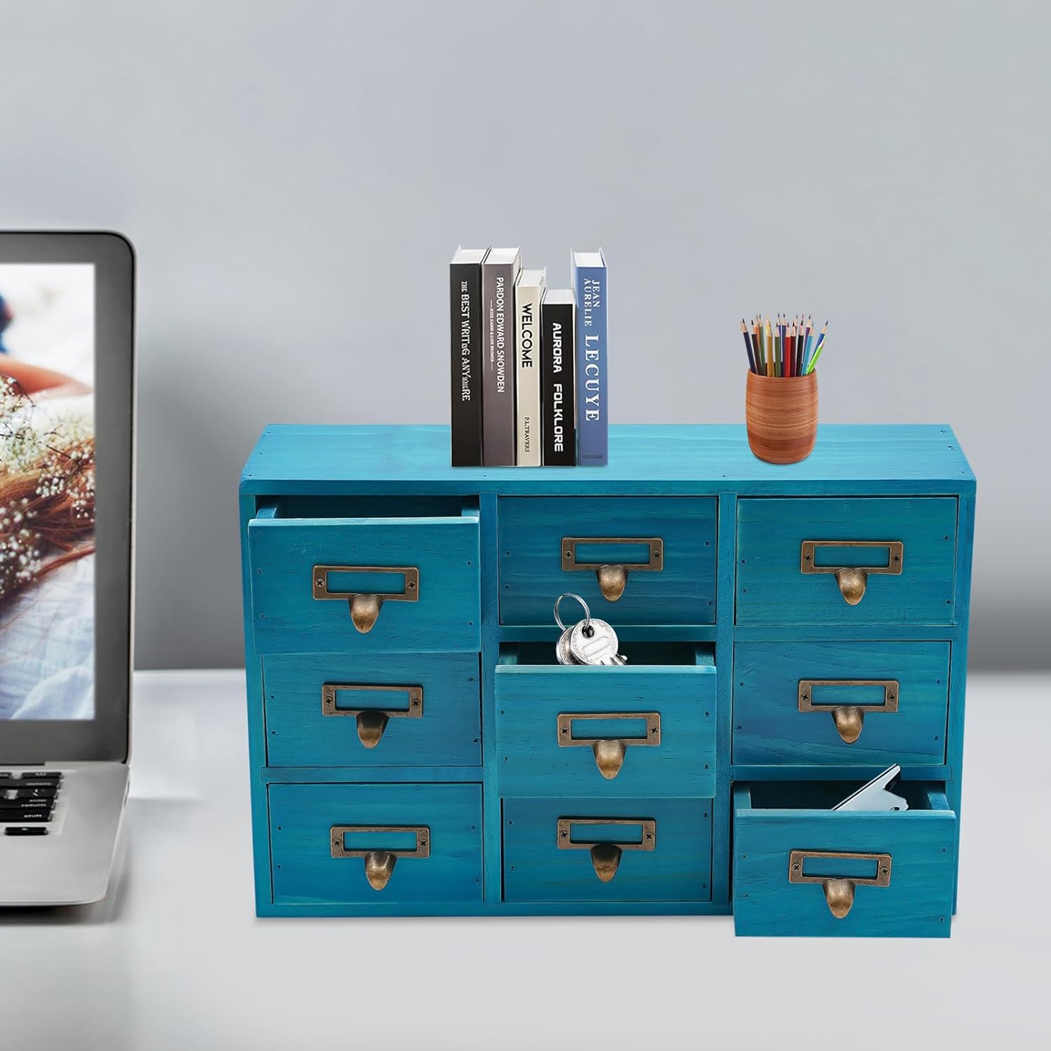 9 Drawers Apothecary Cabinet, Wooden Desk Drawer Organizer,Apothecary Chests and Cabinets, Herb Storage Box