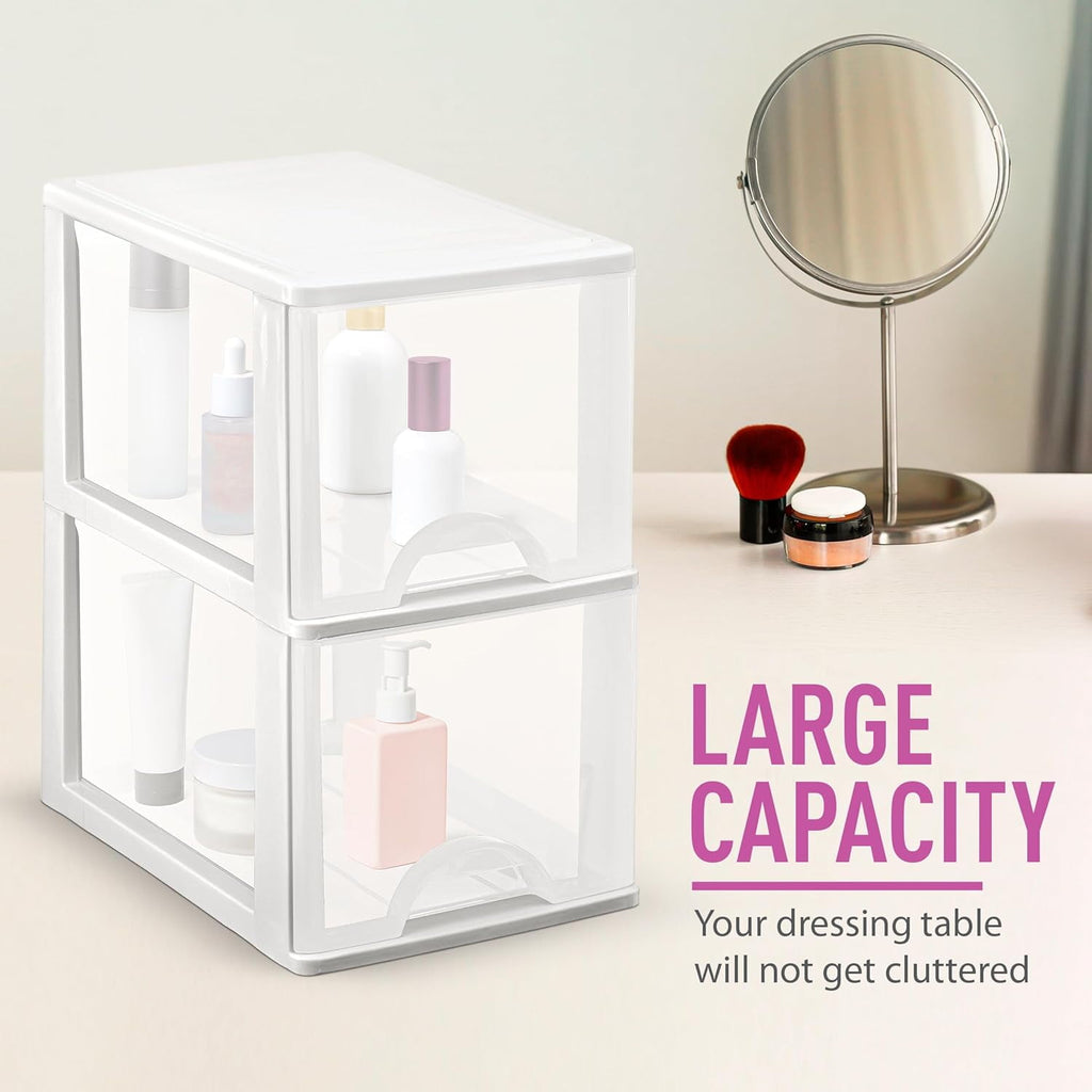 Plastic Small 2-Drawer Storage Organizer, Slim Narrow, White/Clear Crafts Drawers Storage Organizer (13"H x 10"D x 7"W)