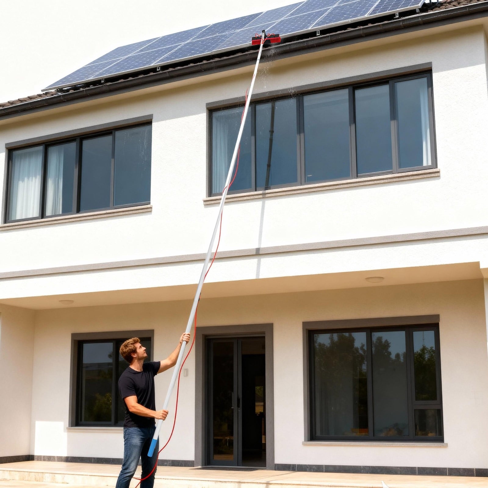 Long Reach Solar Panel Cleaning Brush Kit Red Silver for High-altitude Windows,Greenhouses