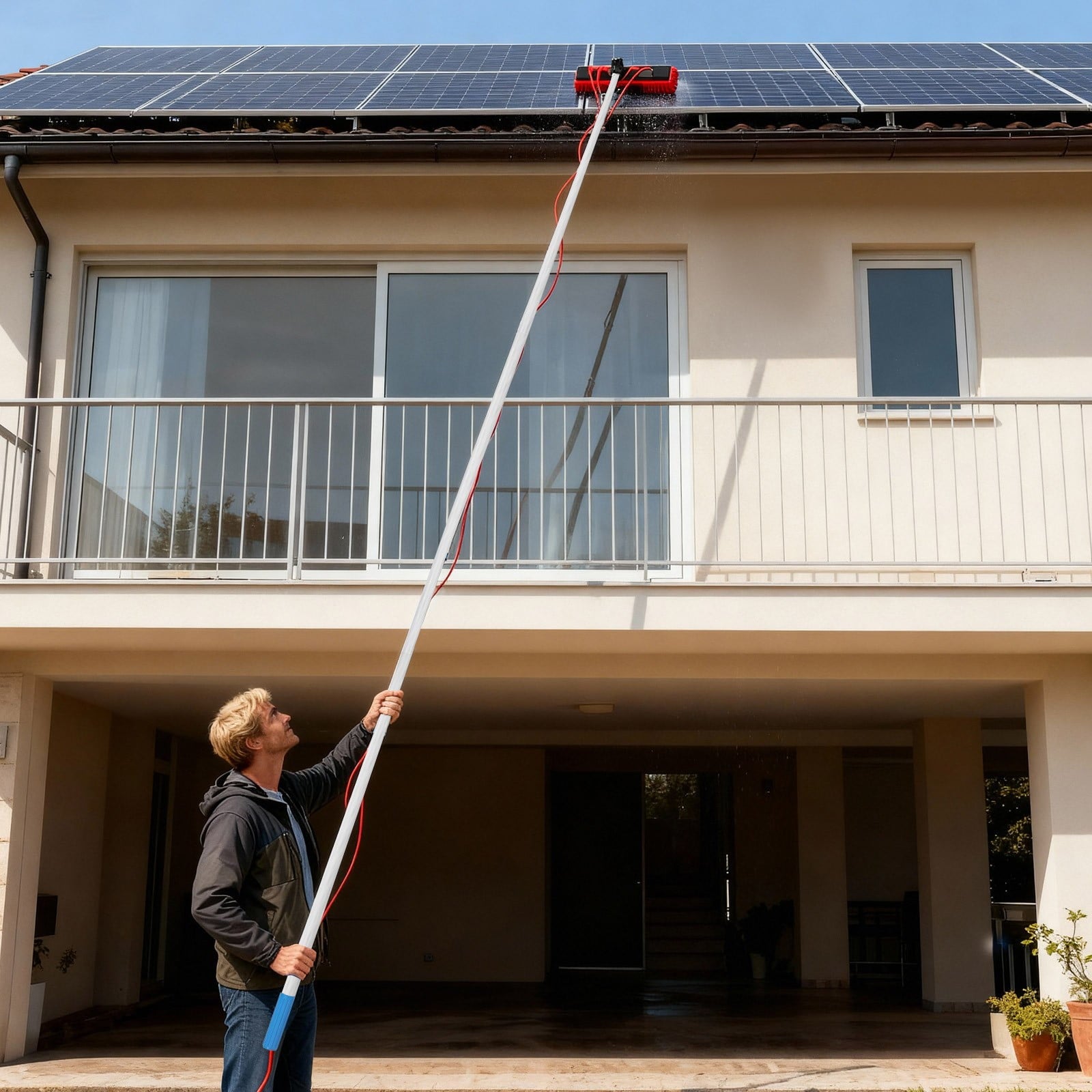 Long Reach Solar Panel Cleaning Brush Kit Red Silver for High-altitude Windows,Greenhouses