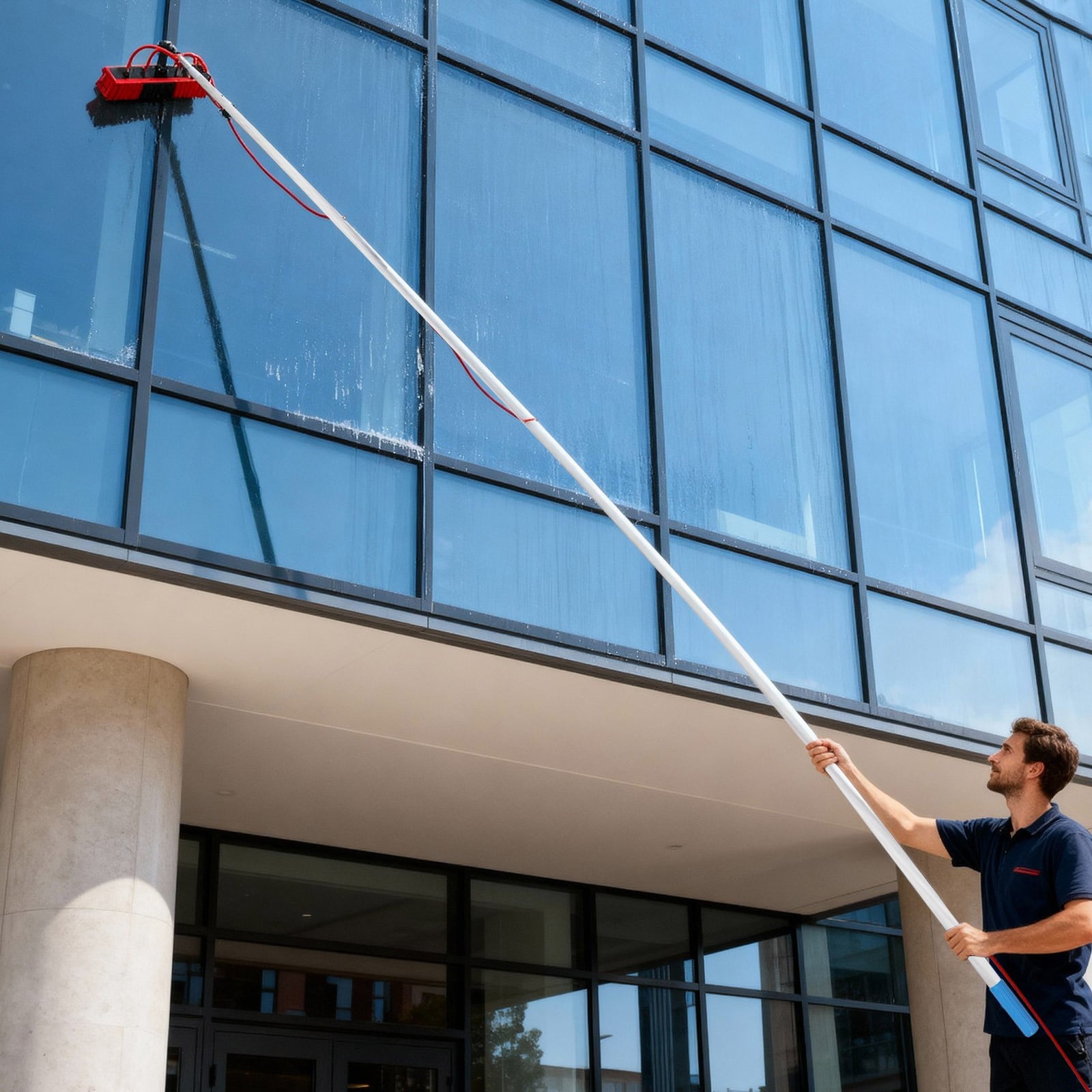 Long Reach Solar Panel Cleaning Brush Kit Red Silver for High-altitude Windows,Greenhouses