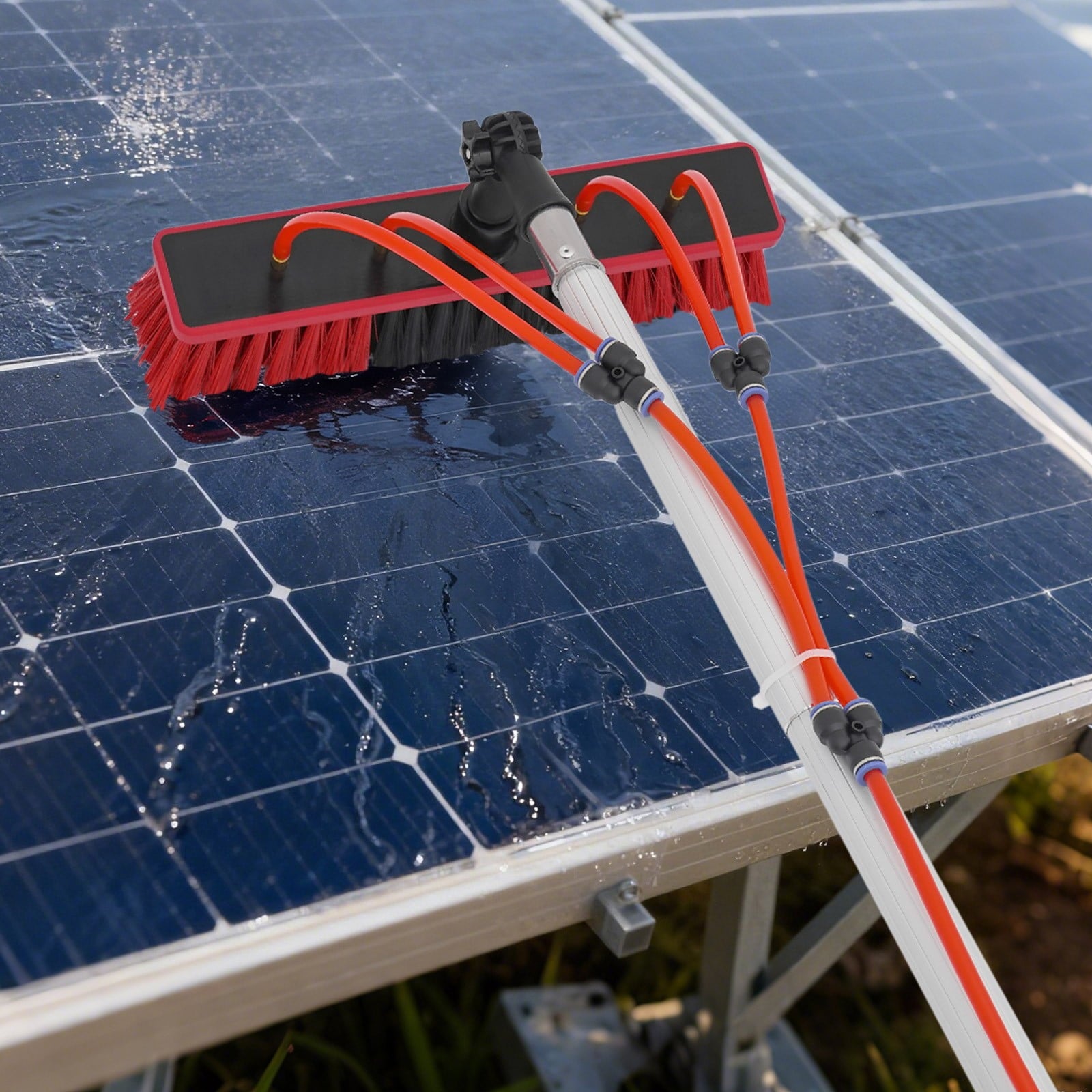 Long Reach Solar Panel Cleaning Brush Kit Red Silver for High-altitude Windows,Greenhouses