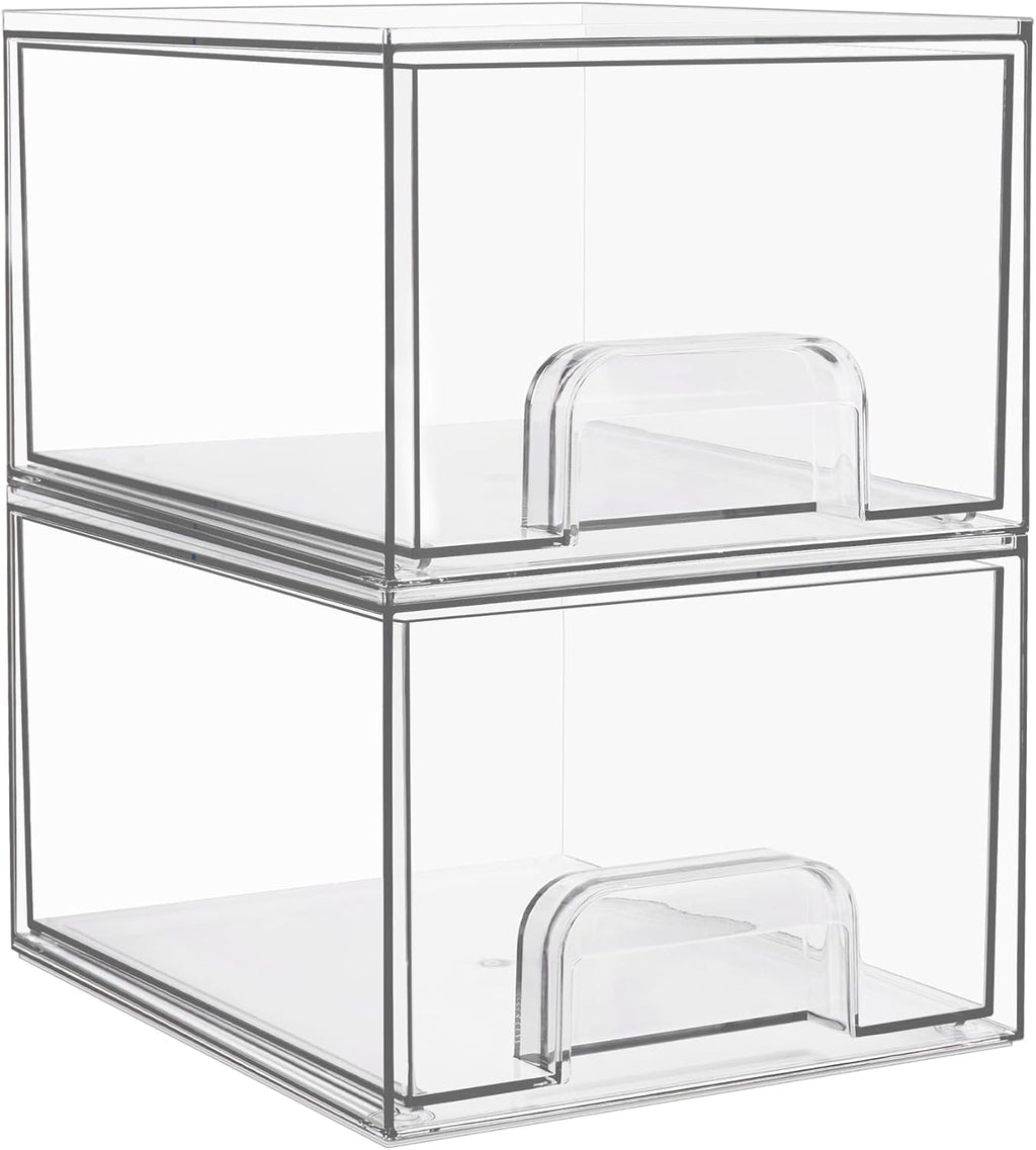 2 Pack Clear Stackable Storage Drawers, 4.4'' Tall Acrylic Bathroom Makeup Organizer,Plastic Storage Bins For Vanity, Undersink, Kitchen Cabinets, Pantry, Home Organization