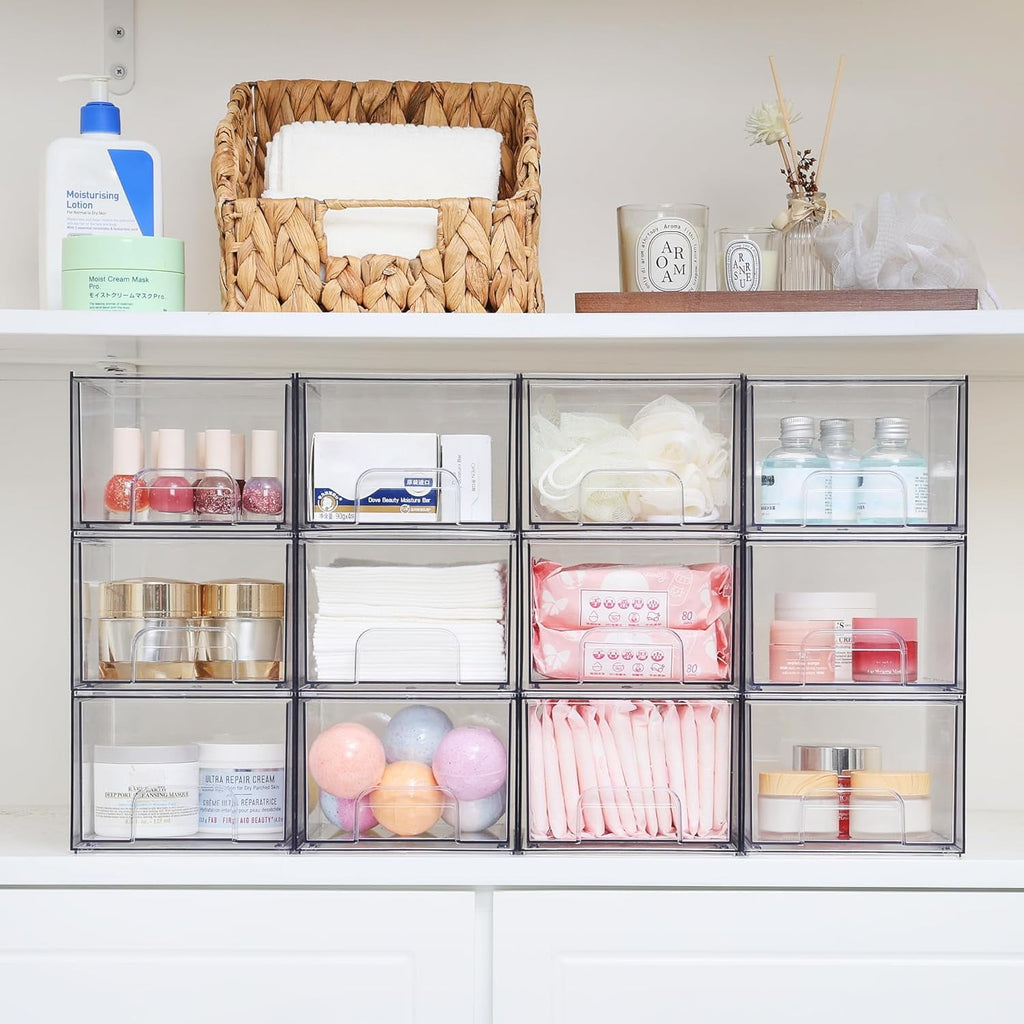 2 Pack Clear Stackable Storage Drawers, 4.4'' Tall Acrylic Bathroom Makeup Organizer,Plastic Storage Bins For Vanity, Undersink, Kitchen Cabinets, Pantry, Home Organization
