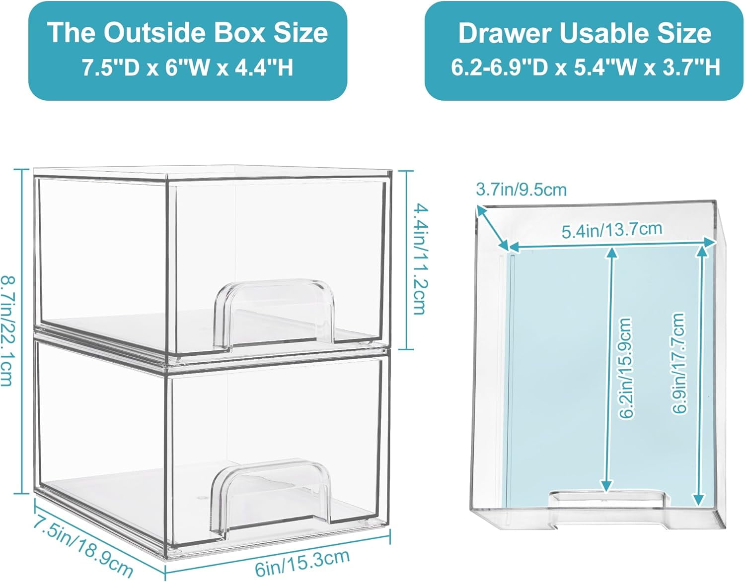 2 Pack Clear Stackable Storage Drawers, 4.4'' Tall Acrylic Bathroom Makeup Organizer,Plastic Storage Bins For Vanity, Undersink, Kitchen Cabinets, Pantry, Home Organization