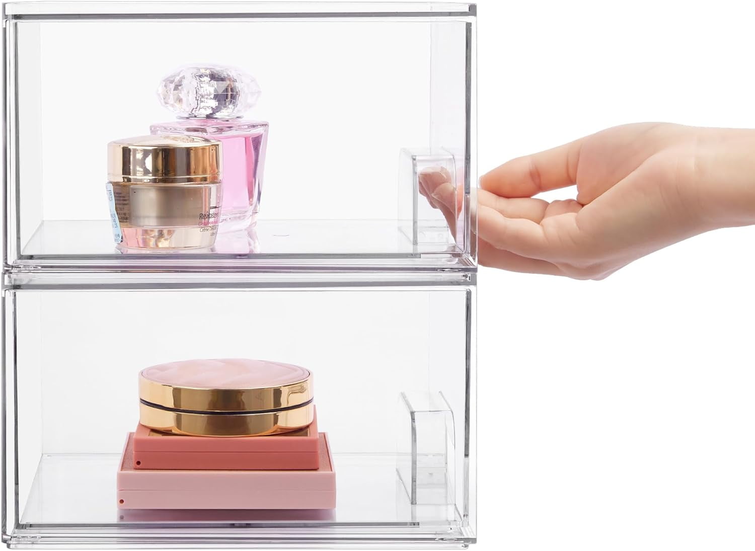 2 Pack Clear Stackable Storage Drawers, 4.4'' Tall Acrylic Bathroom Makeup Organizer,Plastic Storage Bins For Vanity, Undersink, Kitchen Cabinets, Pantry, Home Organization