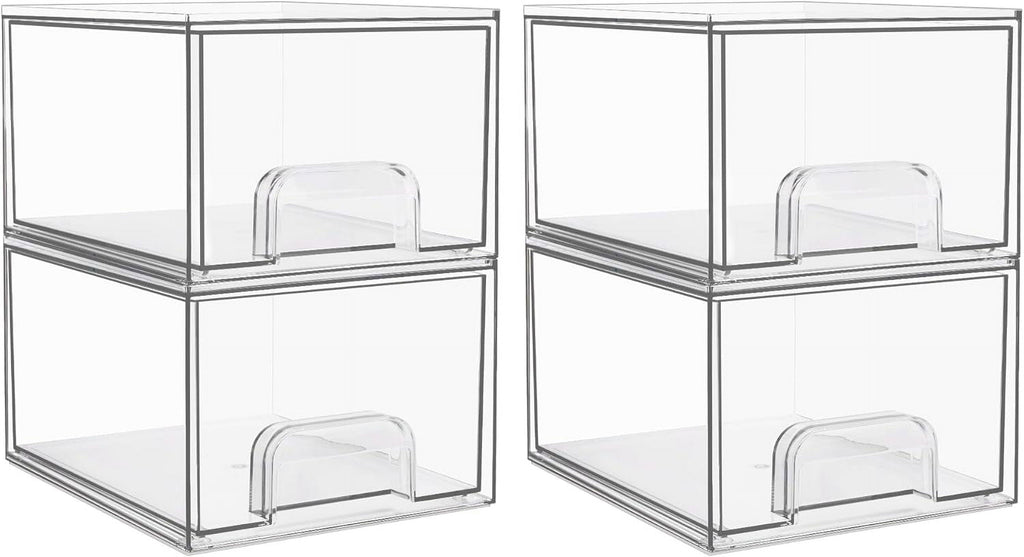 2 Pack Clear Stackable Storage Drawers, 4.4'' Tall Acrylic Bathroom Makeup Organizer,Plastic Storage Bins For Vanity, Undersink, Kitchen Cabinets, Pantry, Home Organization