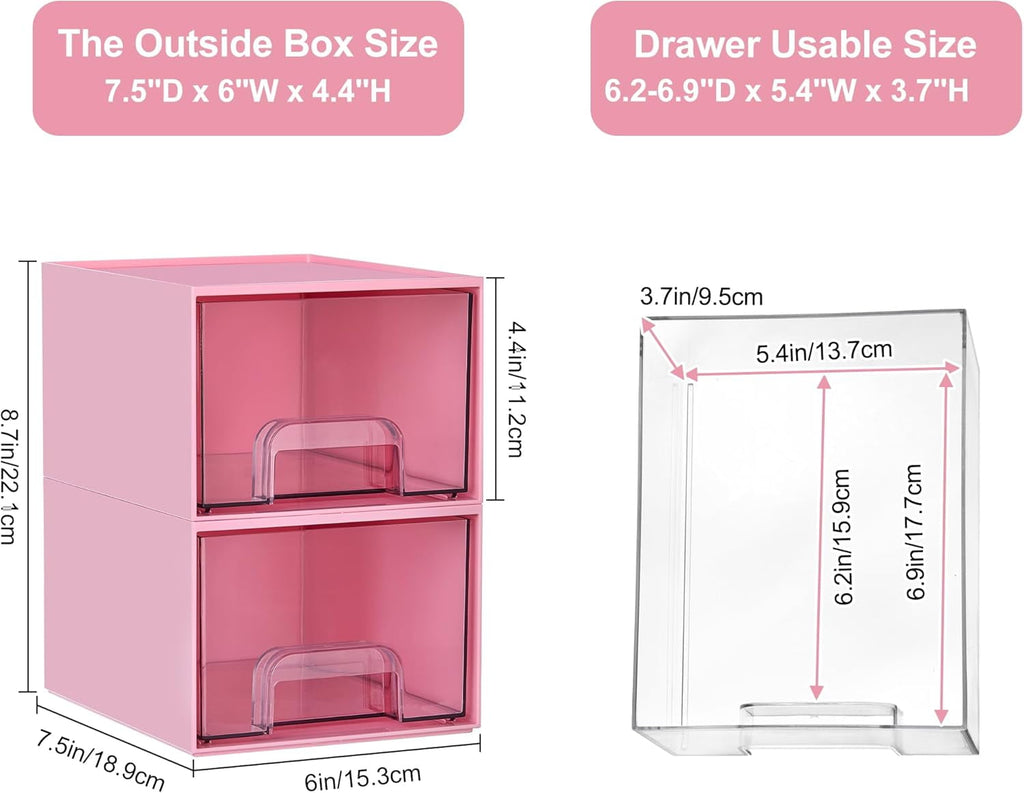 2 Pack Clear Stackable Storage Drawers, 4.4'' Tall Acrylic Bathroom Makeup Organizer,Plastic Storage Bins For Vanity, Undersink, Kitchen Cabinets, Pantry, Home Organization