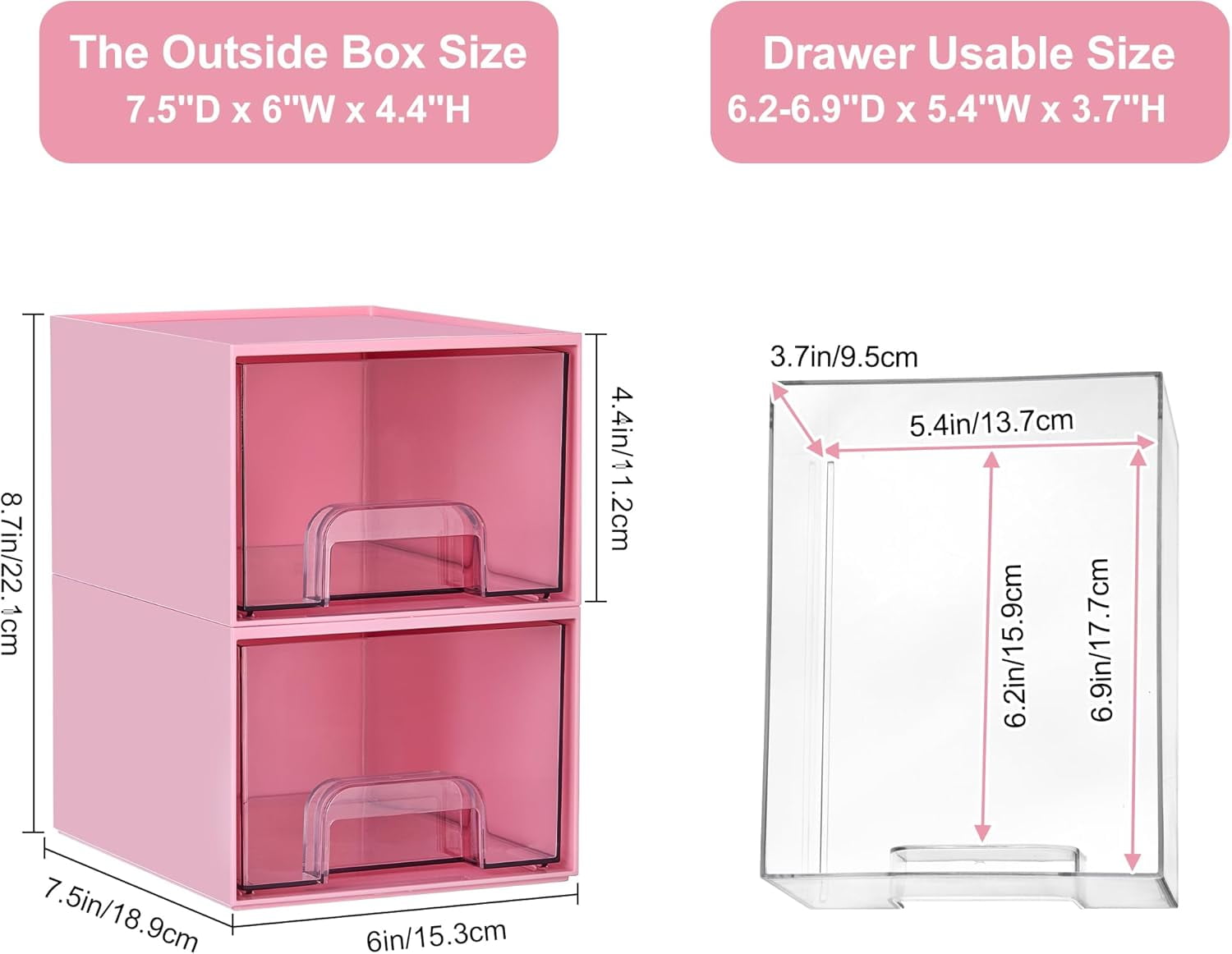 2 Pack Clear Stackable Storage Drawers, 4.4'' Tall Acrylic Bathroom Makeup Organizer,Plastic Storage Bins For Vanity, Undersink, Kitchen Cabinets, Pantry, Home Organization