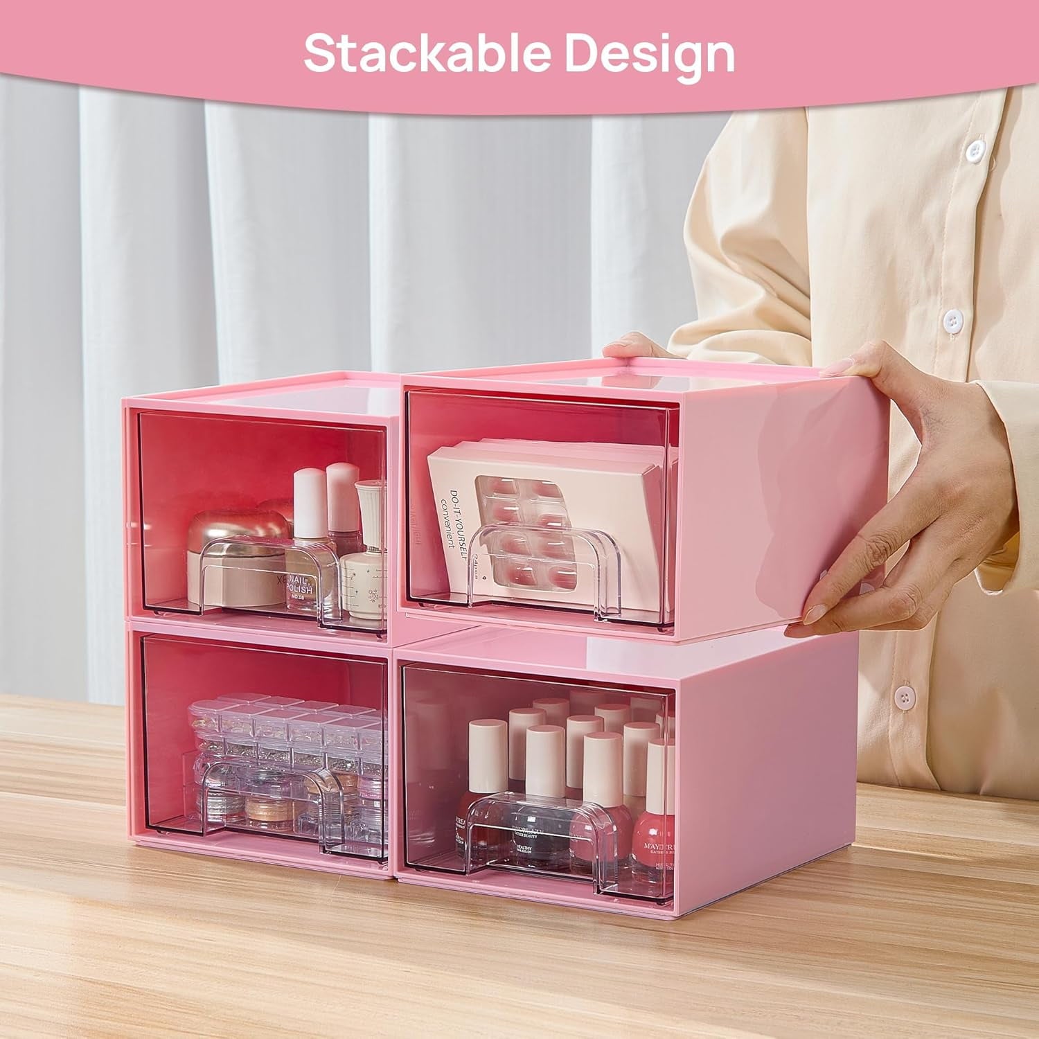 2 Pack Clear Stackable Storage Drawers, 4.4'' Tall Acrylic Bathroom Makeup Organizer,Plastic Storage Bins For Vanity, Undersink, Kitchen Cabinets, Pantry, Home Organization