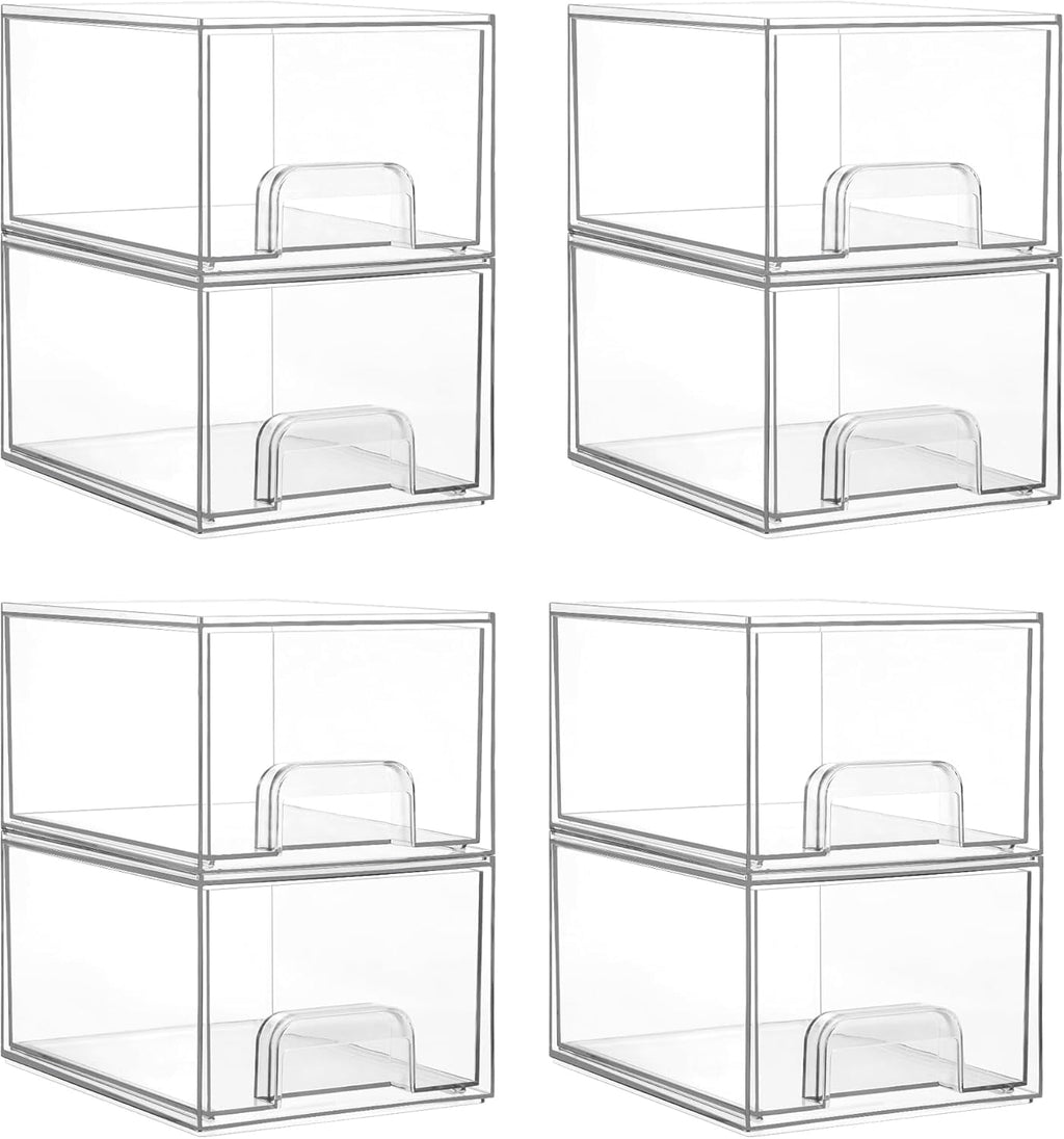 2 Pack Clear Stackable Storage Drawers, 4.4'' Tall Acrylic Bathroom Makeup Organizer,Plastic Storage Bins For Vanity, Undersink, Kitchen Cabinets, Pantry, Home Organization