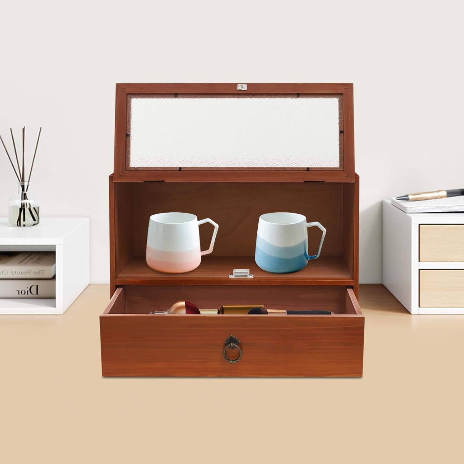Wooden Vintage Tabletop Organizer - Storage Drawer Box w/Decorative Glass Front-Opening Compartment - 2-Tier Storage 1-Drawer Cabinet for Desk - Organizing Unit for Kitchen Counter