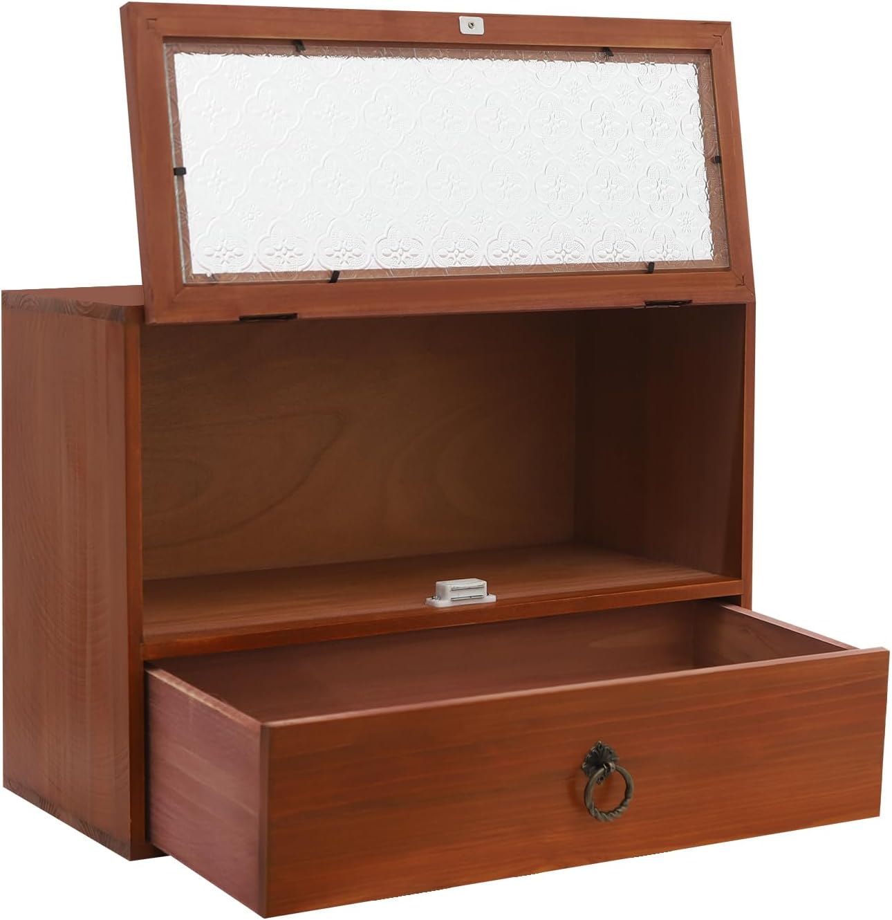 Wooden Vintage Tabletop Organizer - Storage Drawer Box w/Decorative Glass Front-Opening Compartment - 2-Tier Storage 1-Drawer Cabinet for Desk - Organizing Unit for Kitchen Counter