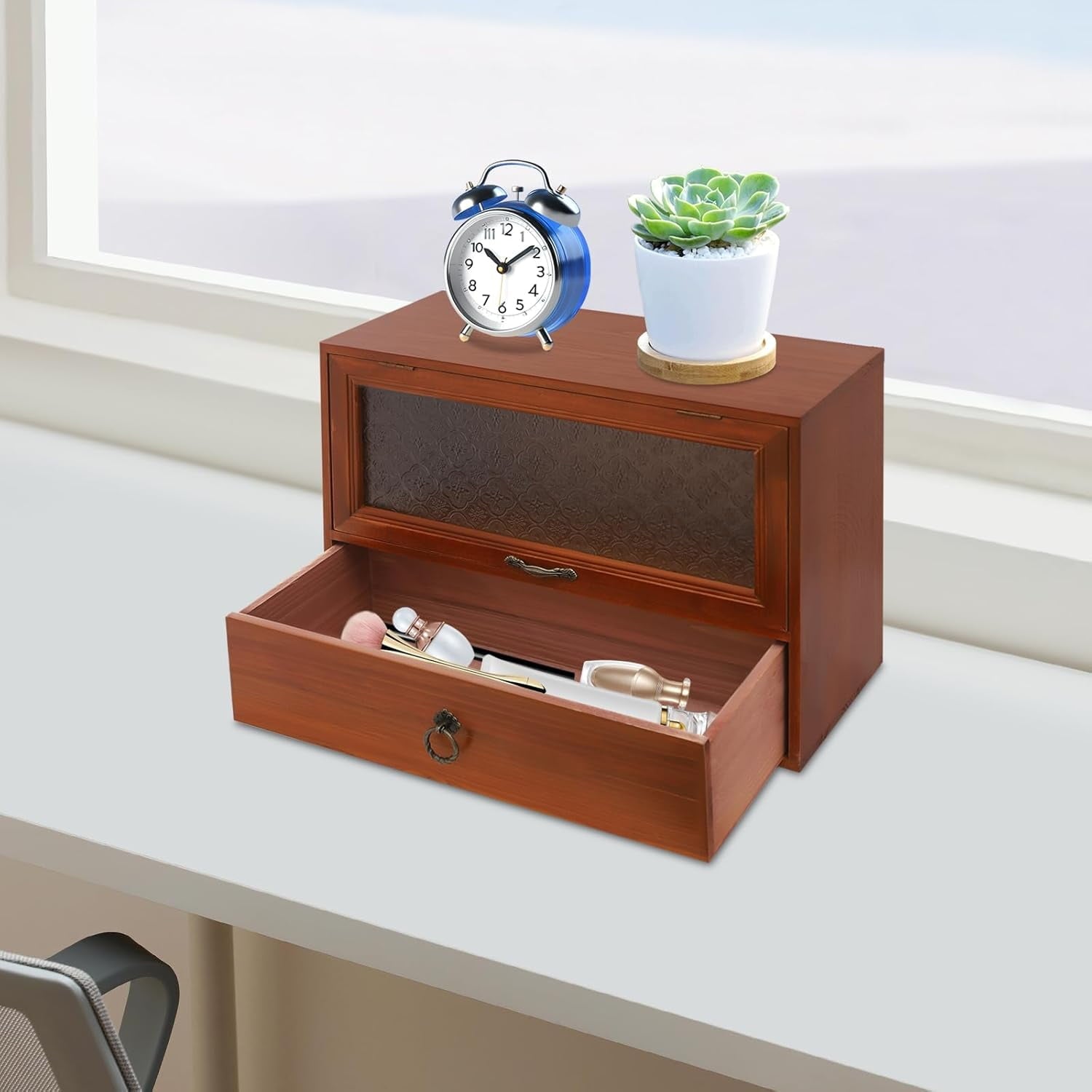 Wooden Vintage Tabletop Organizer - Storage Drawer Box w/Decorative Glass Front-Opening Compartment - 2-Tier Storage 1-Drawer Cabinet for Desk - Organizing Unit for Kitchen Counter