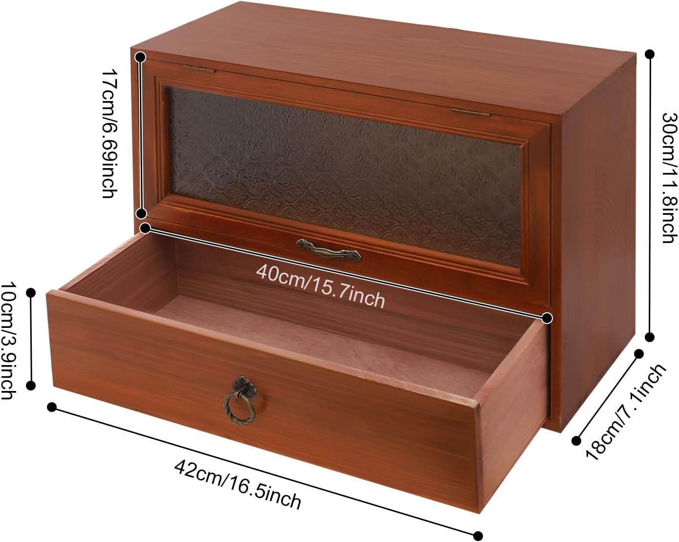 Wooden Vintage Tabletop Organizer - Storage Drawer Box w/Decorative Glass Front-Opening Compartment - 2-Tier Storage 1-Drawer Cabinet for Desk - Organizing Unit for Kitchen Counter