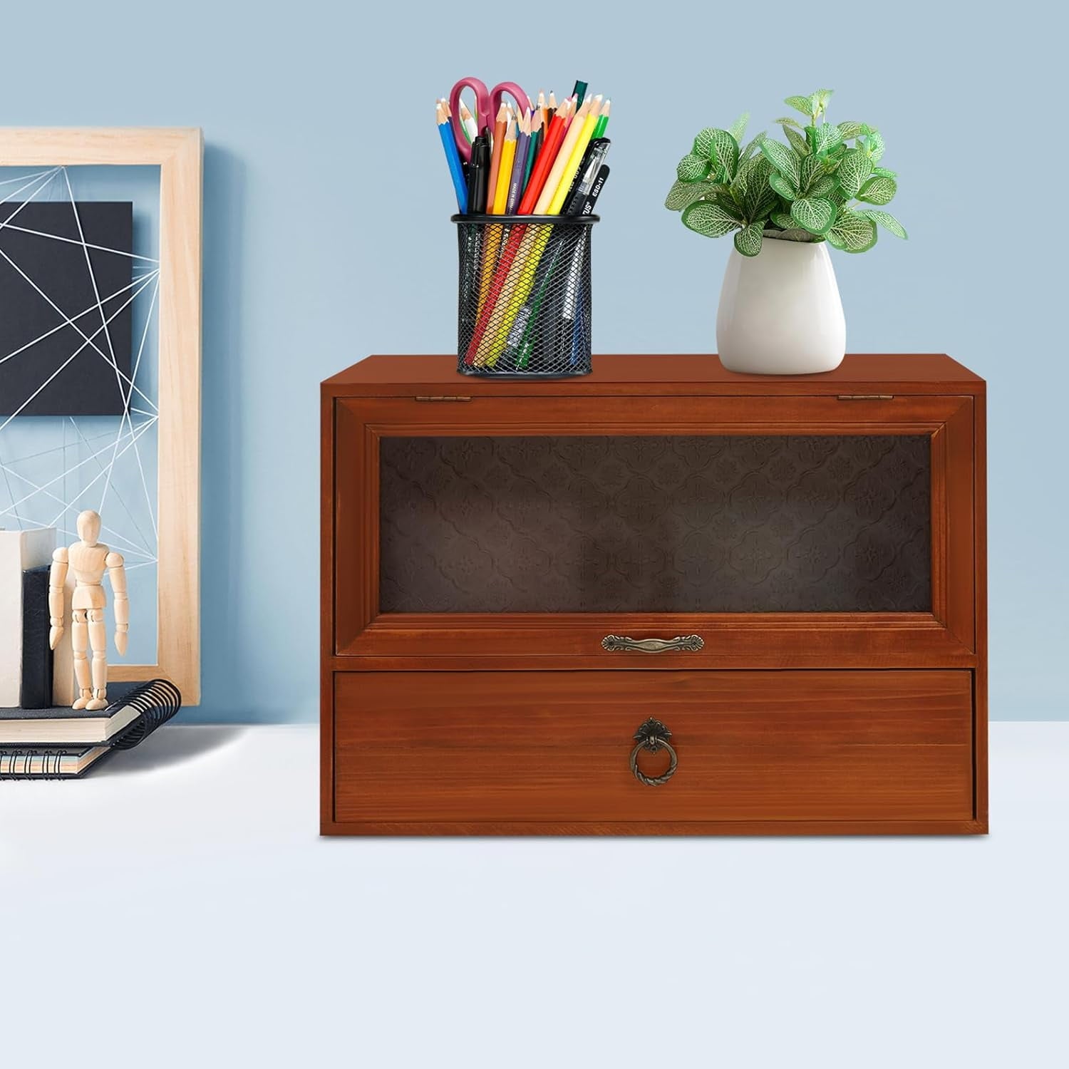Wooden Vintage Tabletop Organizer - Storage Drawer Box w/Decorative Glass Front-Opening Compartment - 2-Tier Storage 1-Drawer Cabinet for Desk - Organizing Unit for Kitchen Counter