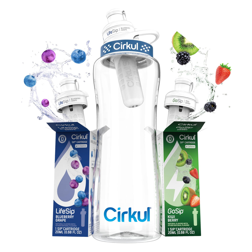 32oz. BPA-Free Plastic Water Bottle Starter Kit with Navy Lid, 2 Flavor Cartridges (1  Blueberry Grape, 1  Kiwi Berry) No Sugar, Zero Calorie Drink Mix