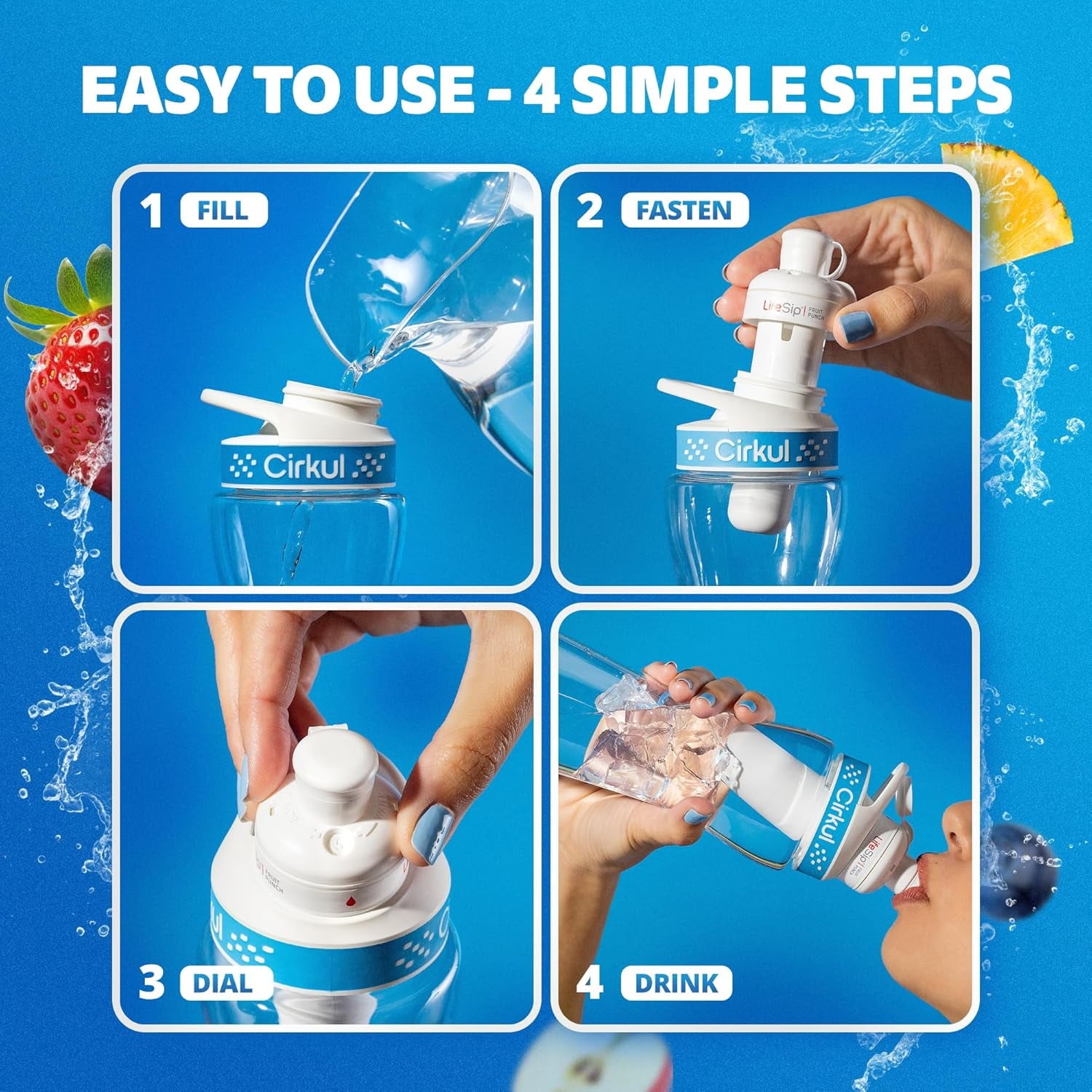 32oz. BPA-Free Plastic Water Bottle Starter Kit with Navy Lid, 2 Flavor Cartridges (1  Blueberry Grape, 1  Kiwi Berry) No Sugar, Zero Calorie Drink Mix