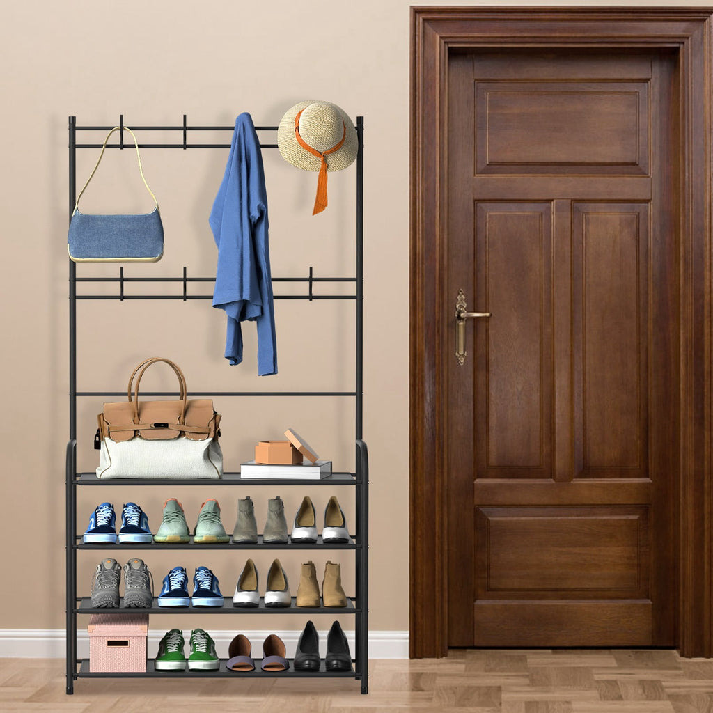 5 Tier Entryway Coat Hat Rack, Shoe Storage Shelf with 8 Hooks Clothes Shoe Organizer Combo