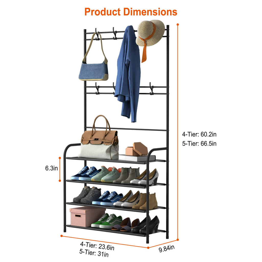 5 Tier Entryway Coat Hat Rack, Shoe Storage Shelf with 8 Hooks Clothes Shoe Organizer Combo