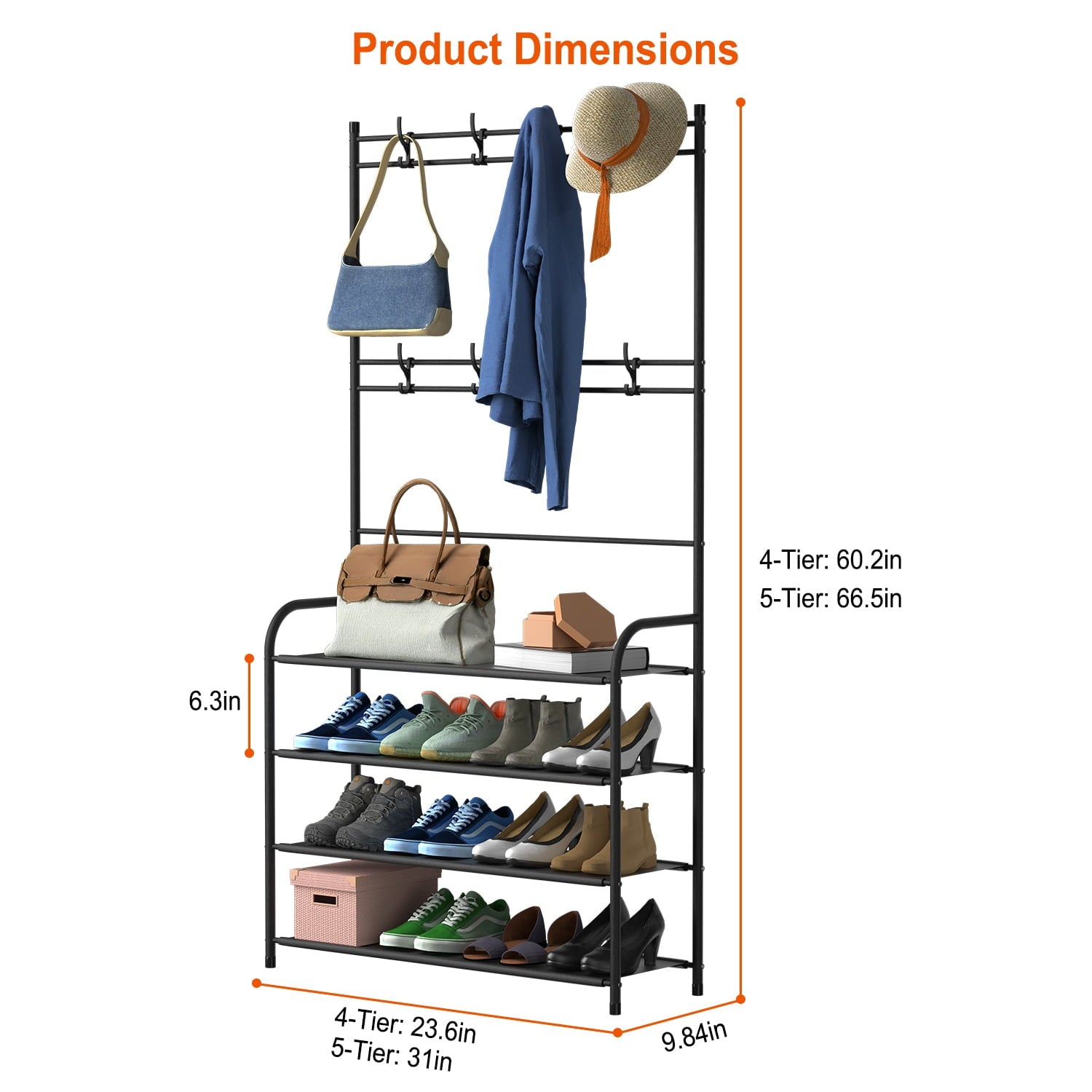 5 Tier Entryway Coat Hat Rack, Shoe Storage Shelf with 8 Hooks Clothes Shoe Organizer Combo
