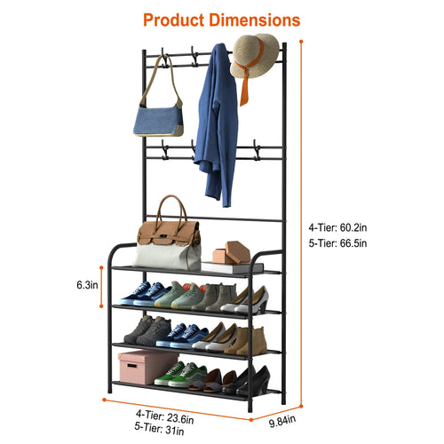 5 Tier Entryway Coat Hat Rack, Shoe Storage Shelf with 8 Hooks Clothes Shoe Organizer Combo